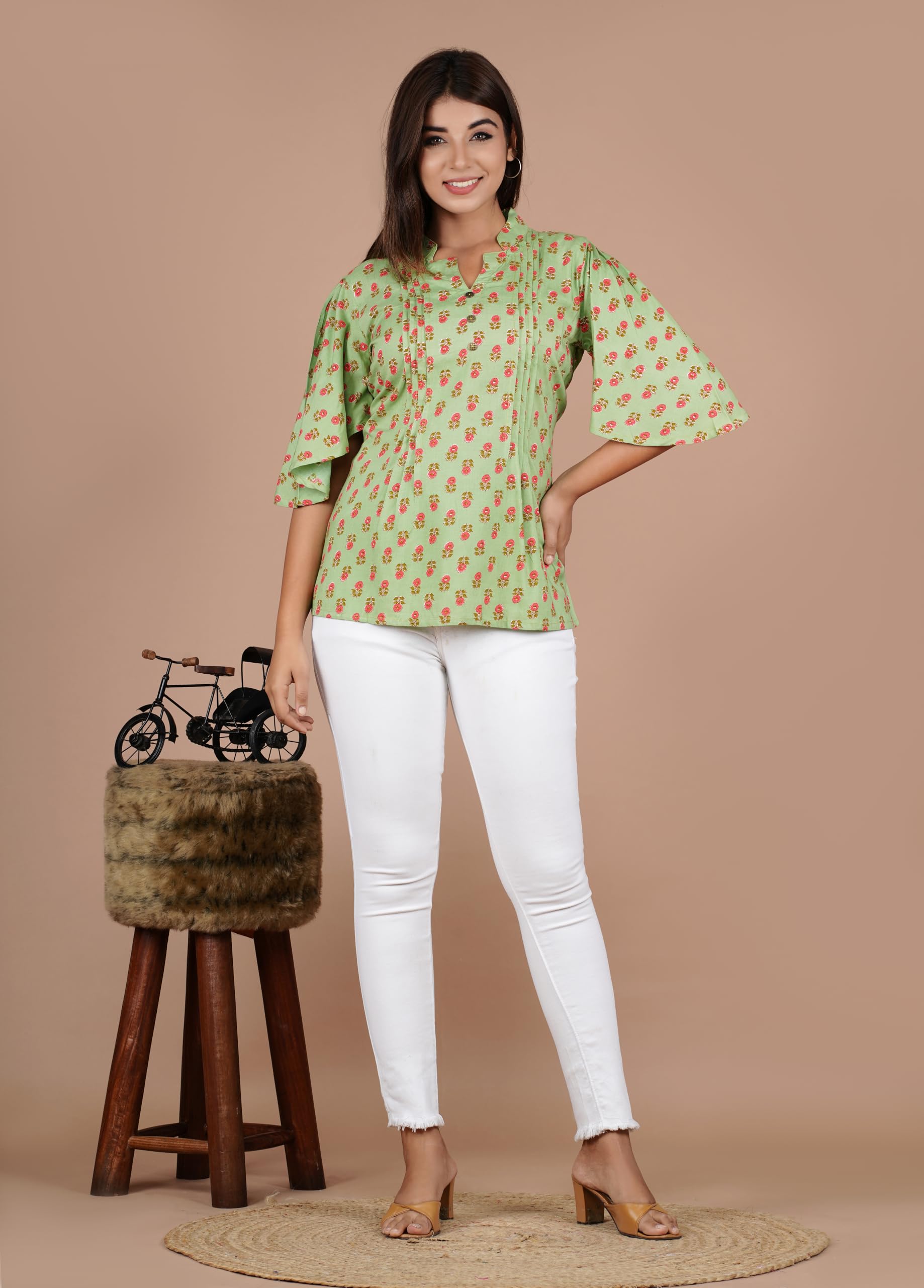 VEILA Short Kurti for Women | Cotton Floral Print Peplum Tunic Top with V-Neck, 3/4 Sleeves & 30 Inch Length | Comfortable Short Kurta for Casual & Office Wear