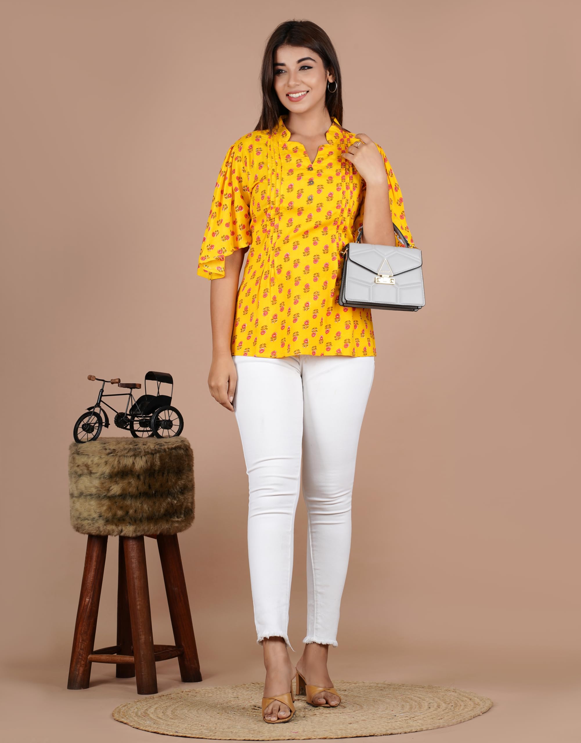 VEILA Short Kurti for Women | Cotton Floral Print Peplum Tunic Top with V-Neck, 3/4 Sleeves & 30 Inch Length | Comfortable Short Kurta for Casual & Office Wear