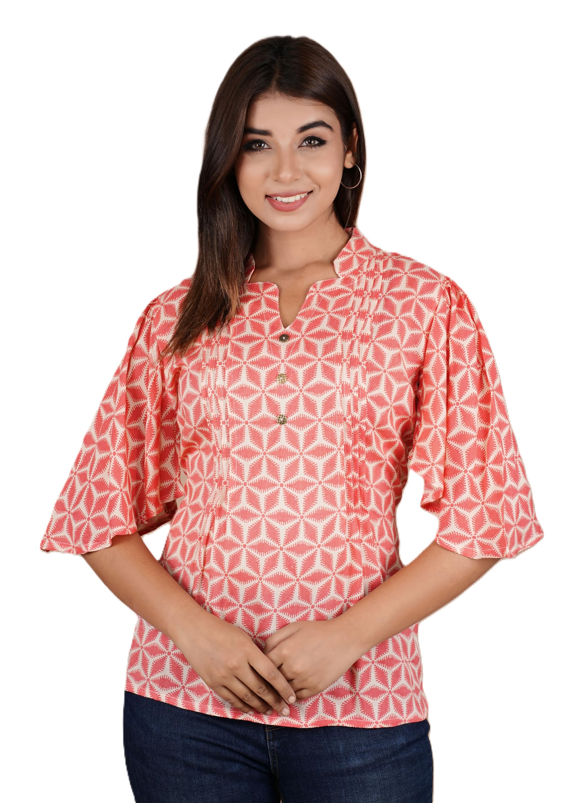 VEILA Short Kurti for Women | Cotton Floral Print Peplum Tunic Top with V-Neck, 3/4 Sleeves & 30 Inch Length | Comfortable Short Kurta for Casual & Office Wear