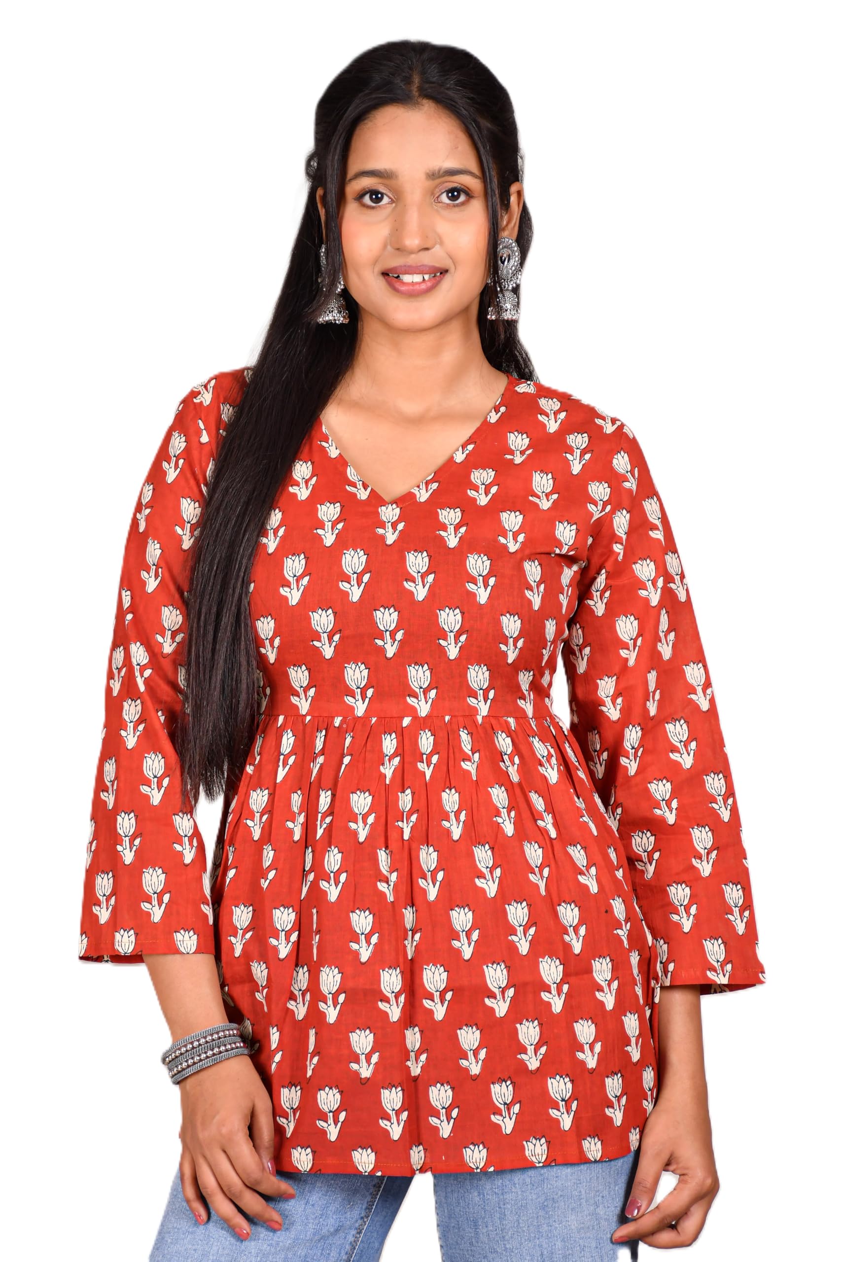 VEILA Short Kurti for Women | Cotton Floral Print Peplum Tunic Top with V-Neck, 3/4 Sleeves & 30 Inch Length | Comfortable Short Kurta for Casual & Office Wear