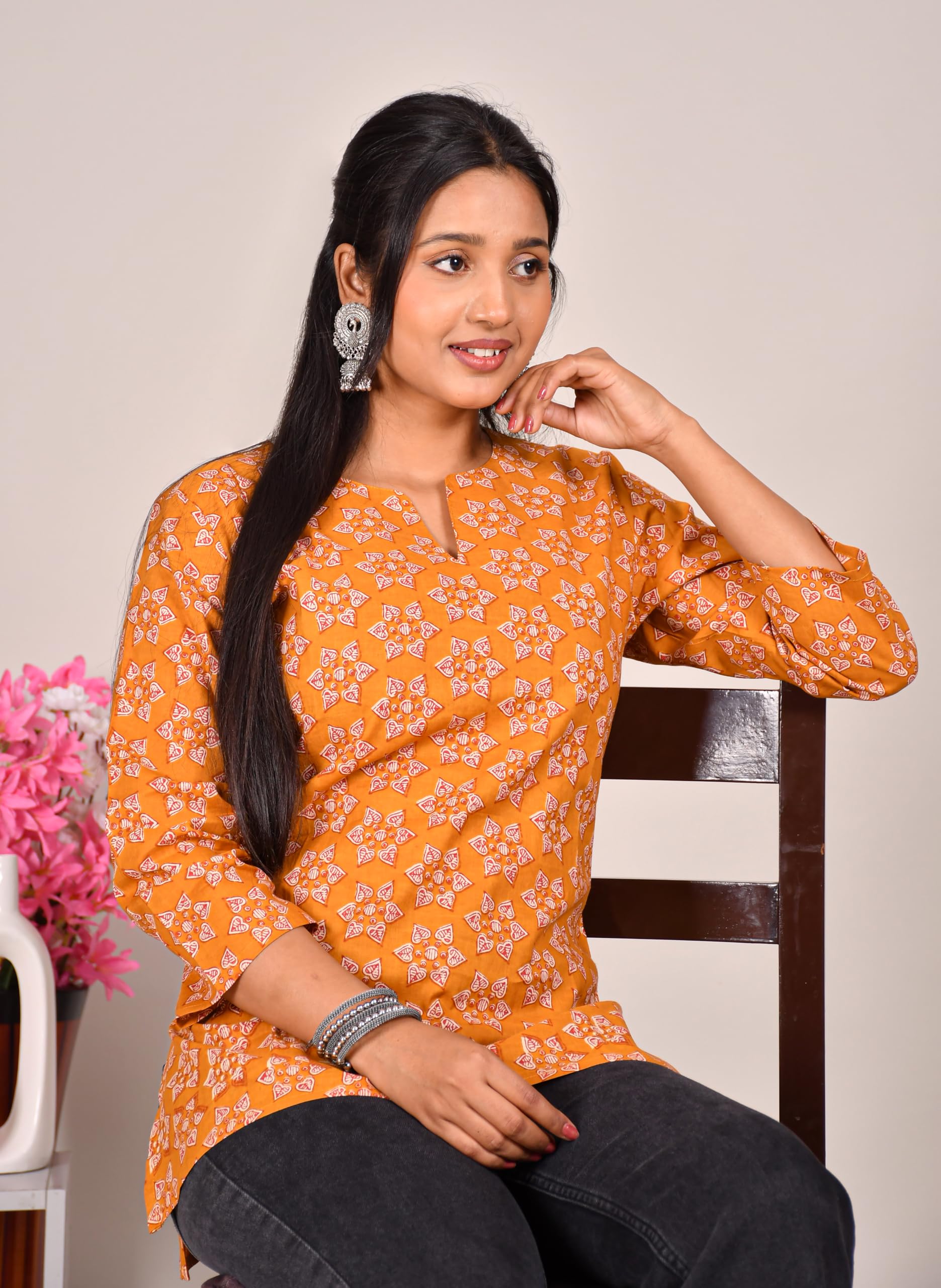 VEILA Short Kurti for Women | Cotton Floral Print Peplum Tunic Top with V-Neck, 3/4 Sleeves & 30 Inch Length | Comfortable Short Kurta for Casual & Office Wear