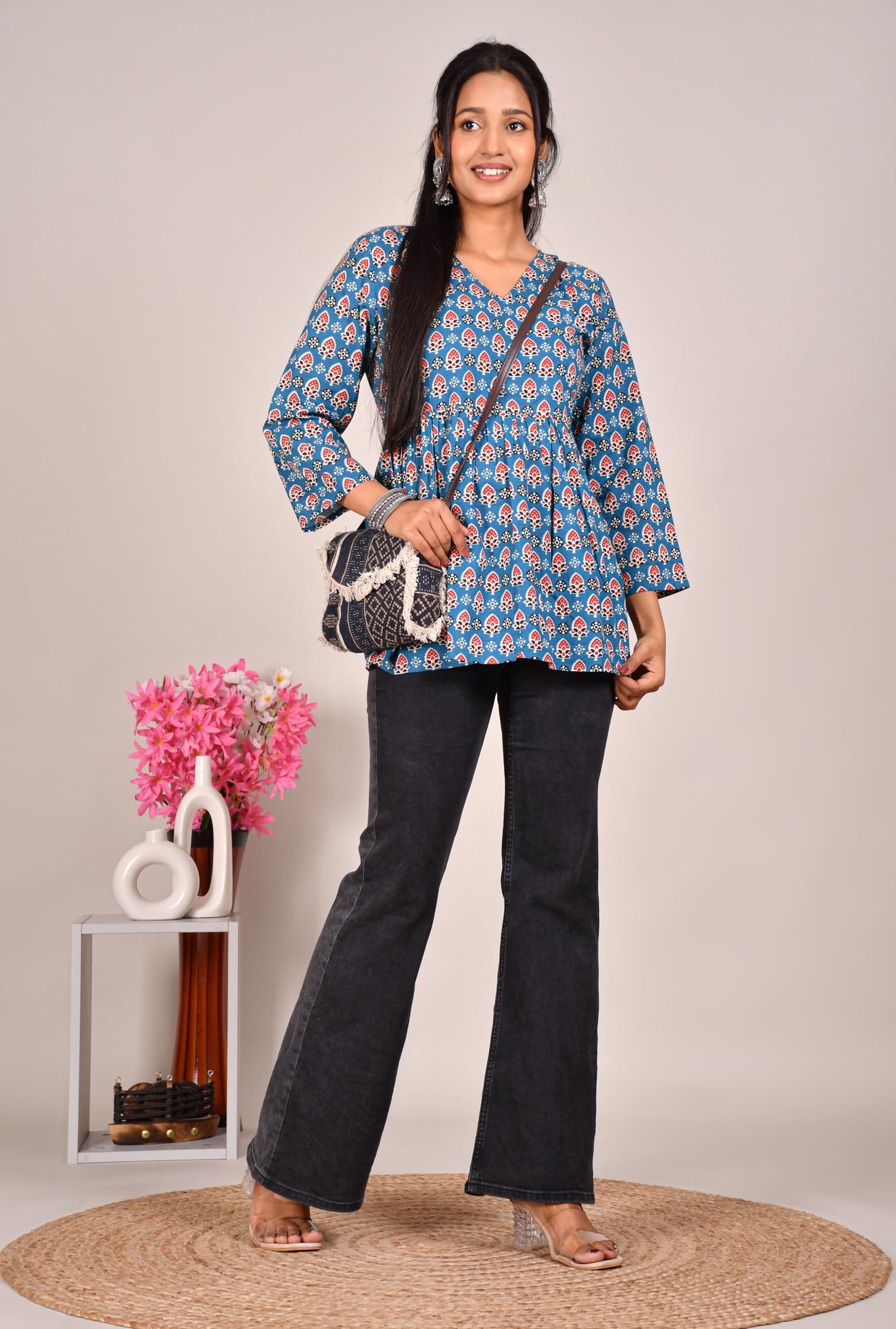 VEILA Short Kurti for Women | Cotton Floral Print Peplum Tunic Top with V-Neck, 3/4 Sleeves & 30 Inch Length | Comfortable Short Kurta for Casual & Office Wear