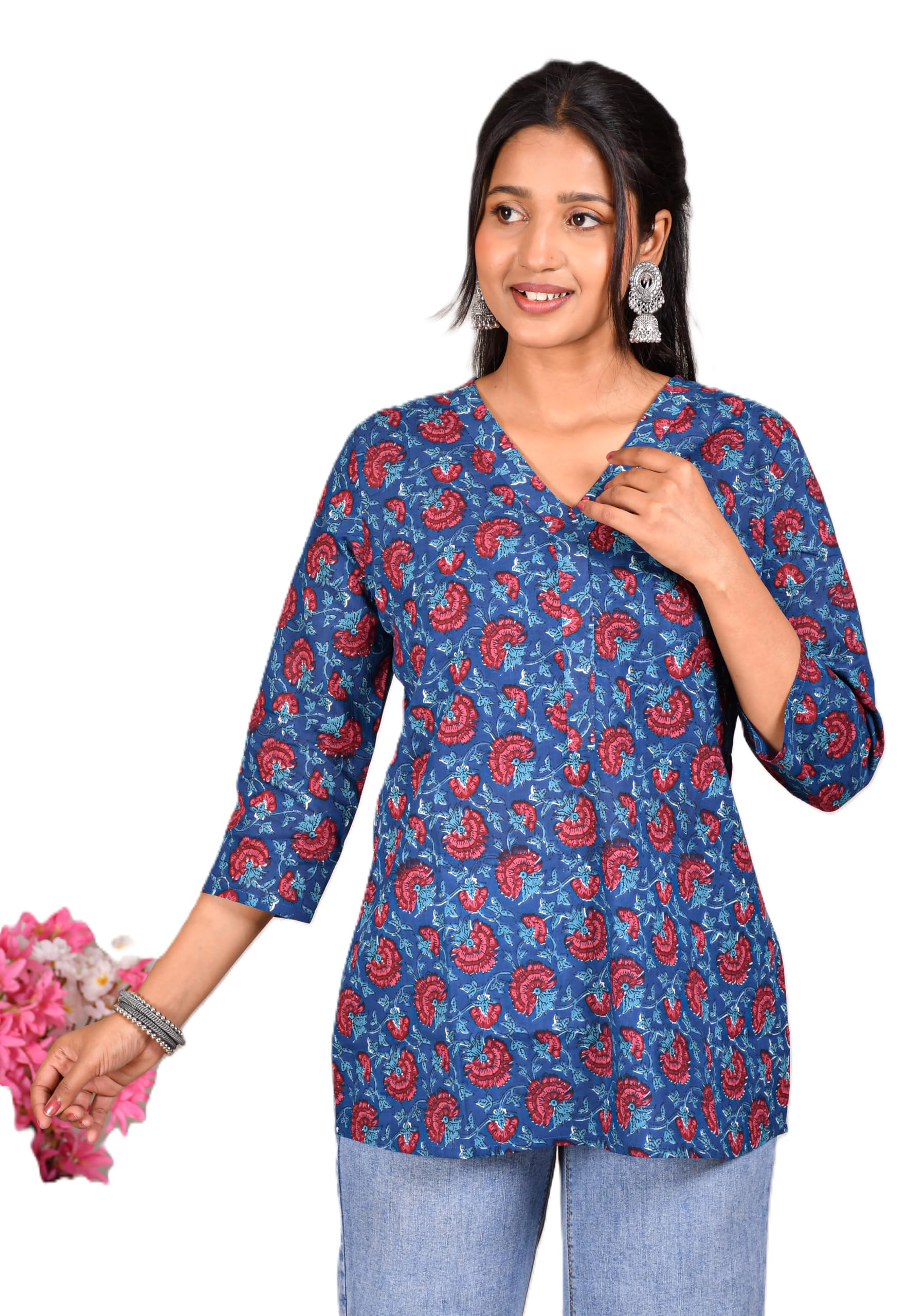 VEILA Short Kurti for Women | Cotton Floral Print Peplum Tunic Top with V-Neck, 3/4 Sleeves & 30 Inch Length | Comfortable Short Kurta for Casual & Office Wear
