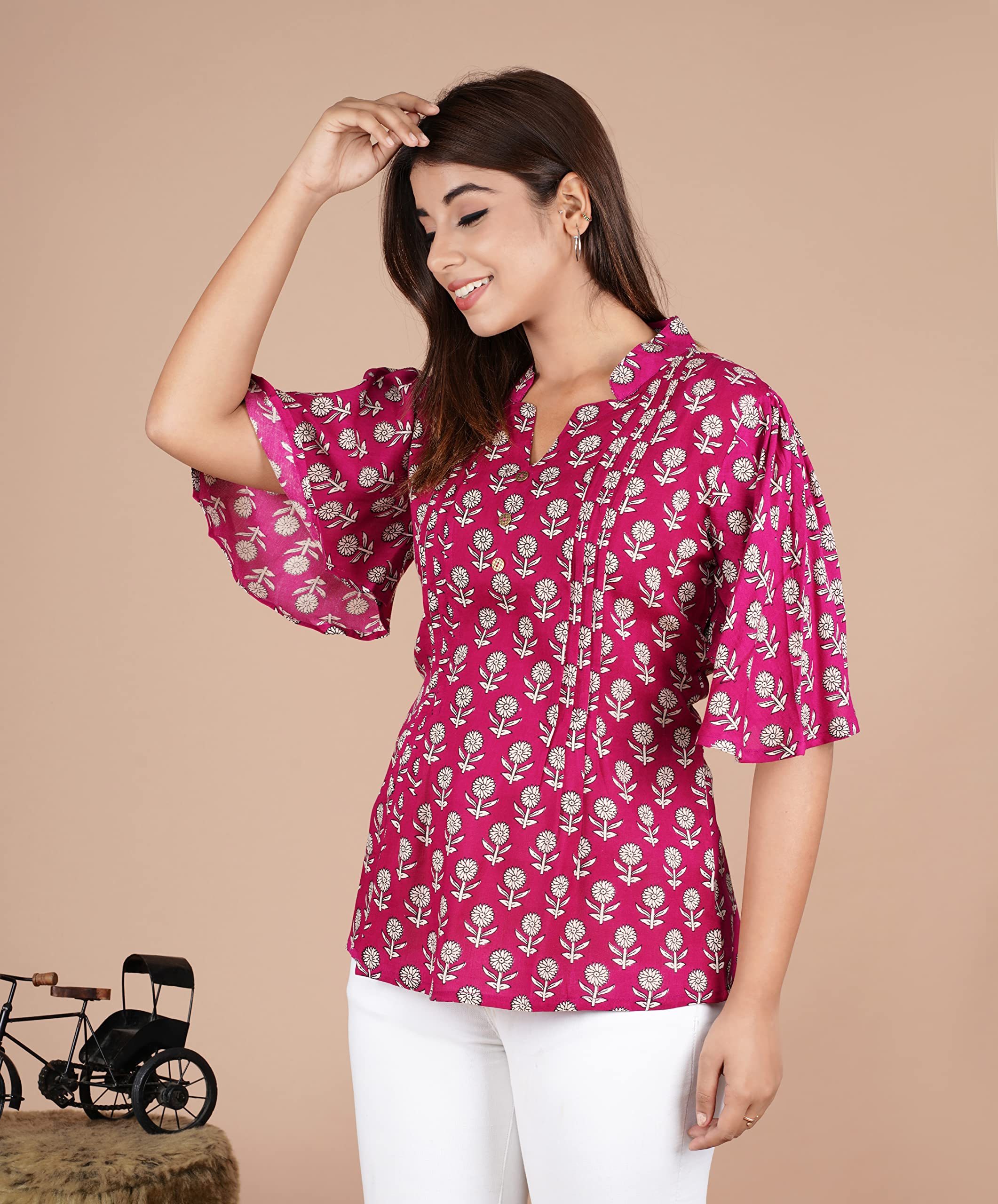 VEILA Short Kurti for Women | Cotton Floral Print Peplum Tunic Top with V-Neck, 3/4 Sleeves & 30 Inch Length | Comfortable Short Kurta for Casual & Office Wear