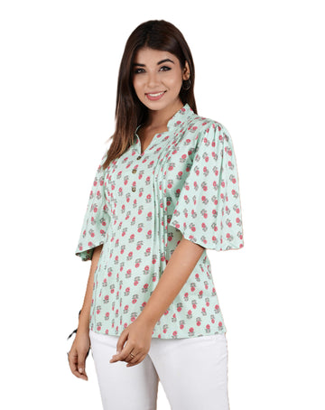 VEILA Short Kurti for Women | Cotton Floral Print Peplum Tunic Top with V-Neck, 3/4 Sleeves & 30 Inch Length | Comfortable Short Kurta for Casual & Office Wear