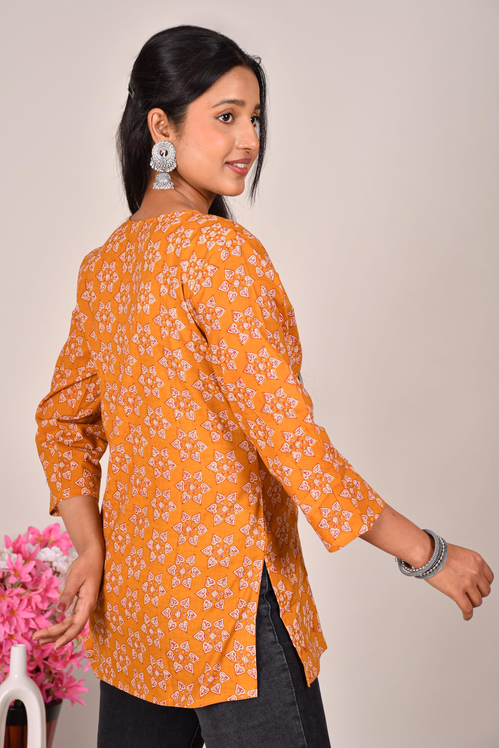 VEILA Short Kurti for Women | Cotton Floral Print Peplum Tunic Top with V-Neck, 3/4 Sleeves & 30 Inch Length | Comfortable Short Kurta for Casual & Office Wear
