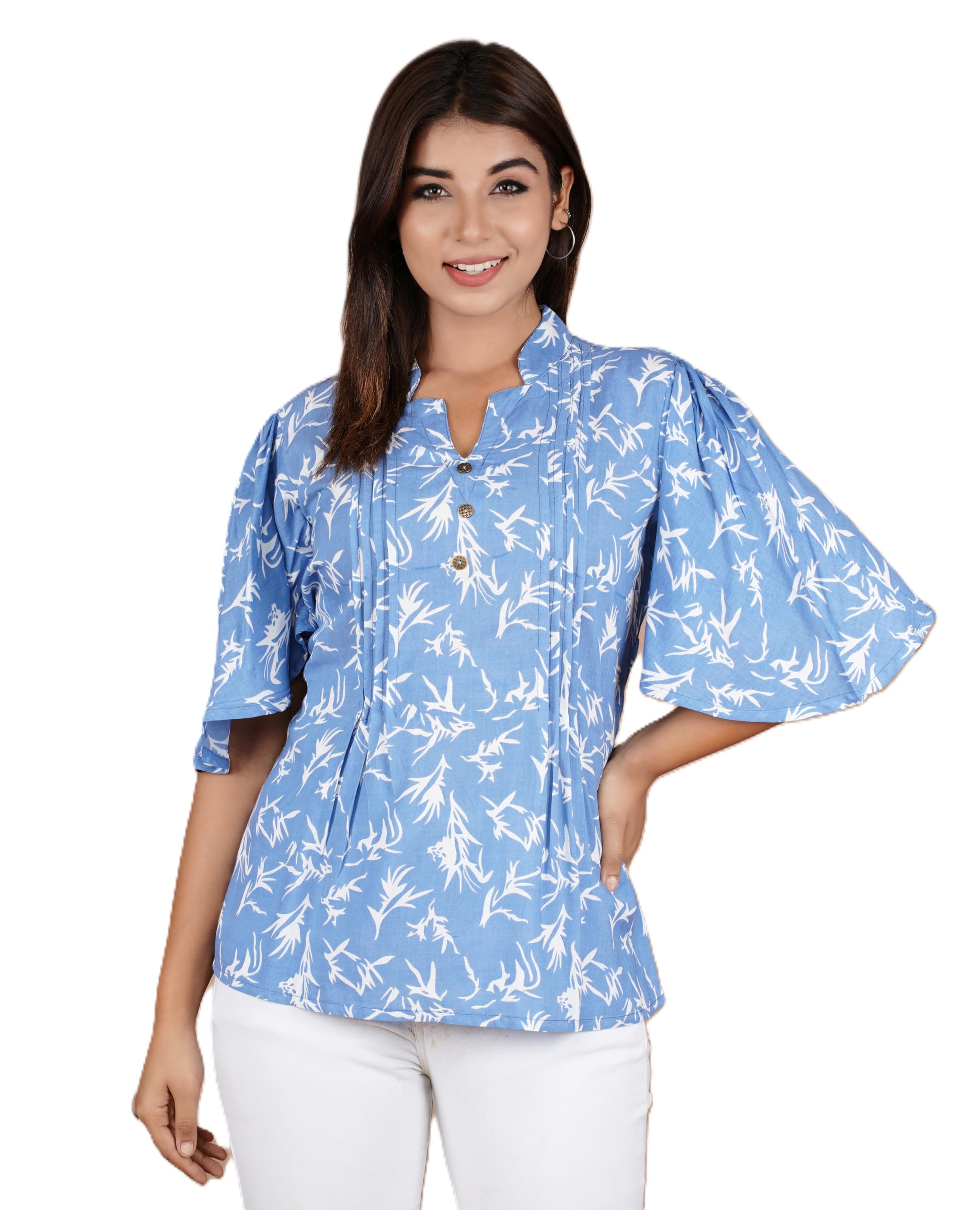 VEILA Short Kurti for Women | Cotton Floral Print Peplum Tunic Top with V-Neck, 3/4 Sleeves & 30 Inch Length | Comfortable Short Kurta for Casual & Office Wear