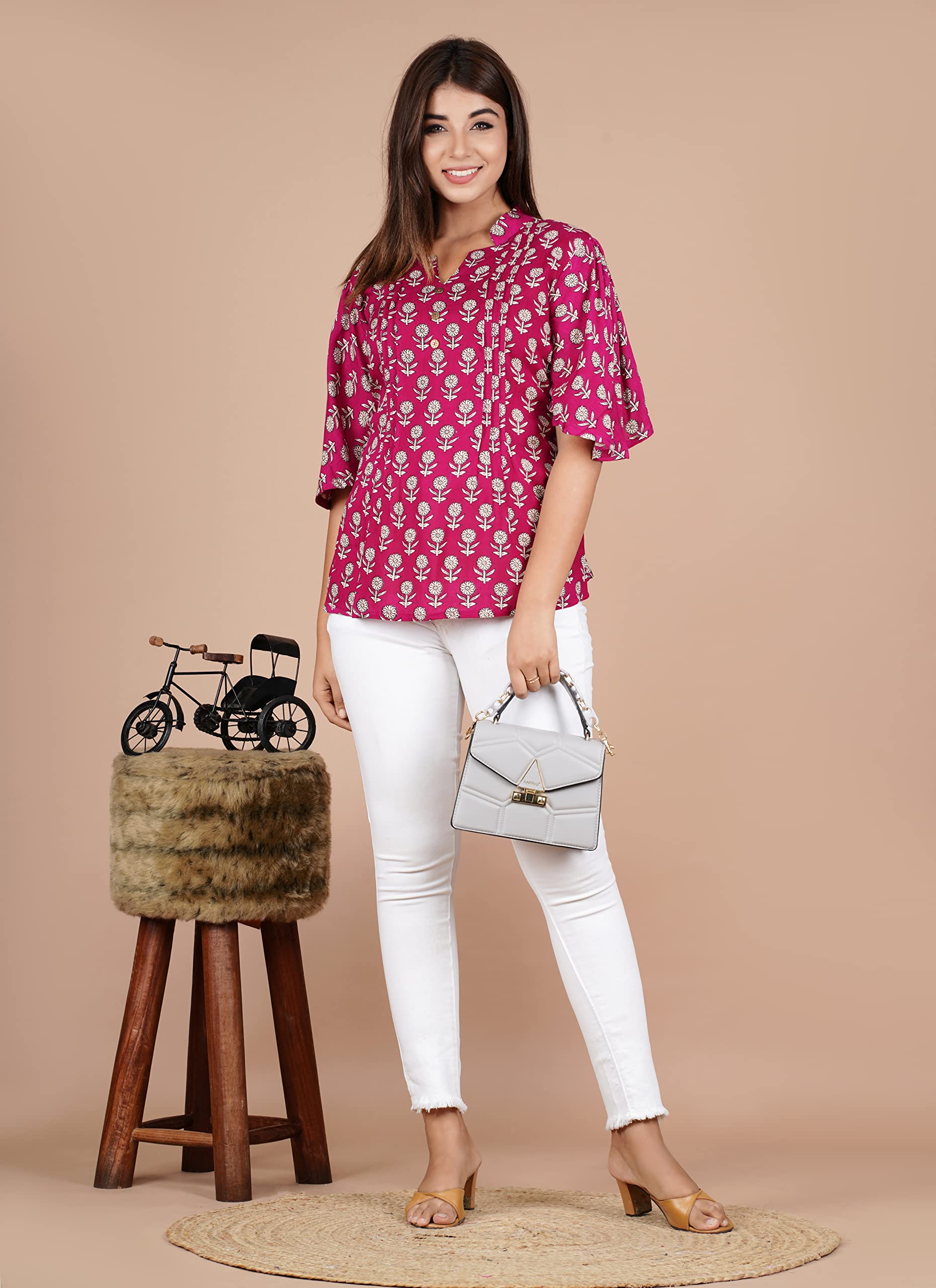 VEILA Short Kurti for Women | Cotton Floral Print Peplum Tunic Top with V-Neck, 3/4 Sleeves & 30 Inch Length | Comfortable Short Kurta for Casual & Office Wear