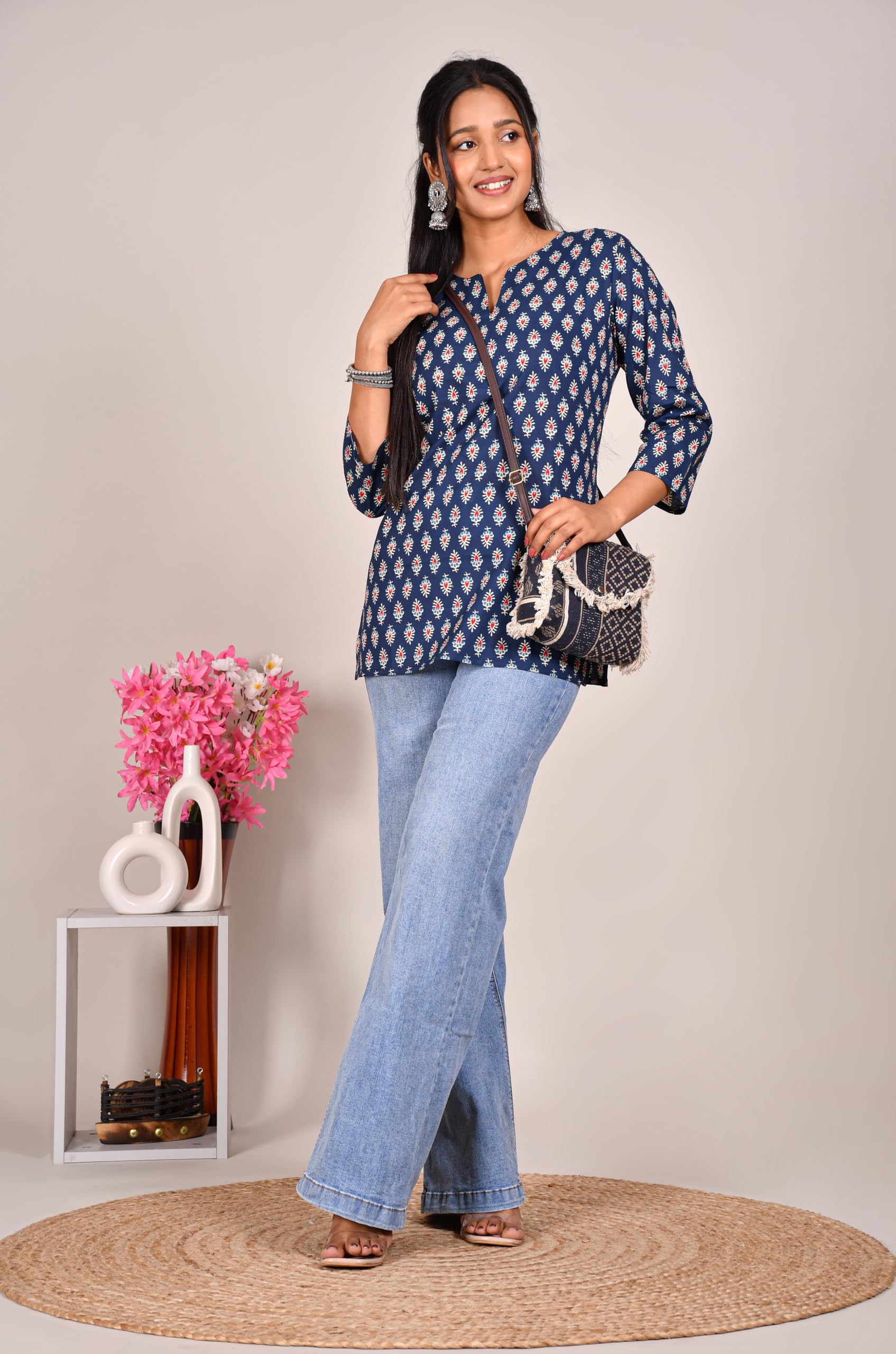 VEILA Short Kurti for Women | Cotton Floral Print Peplum Tunic Top with V-Neck, 3/4 Sleeves & 30 Inch Length | Comfortable Short Kurta for Casual & Office Wear