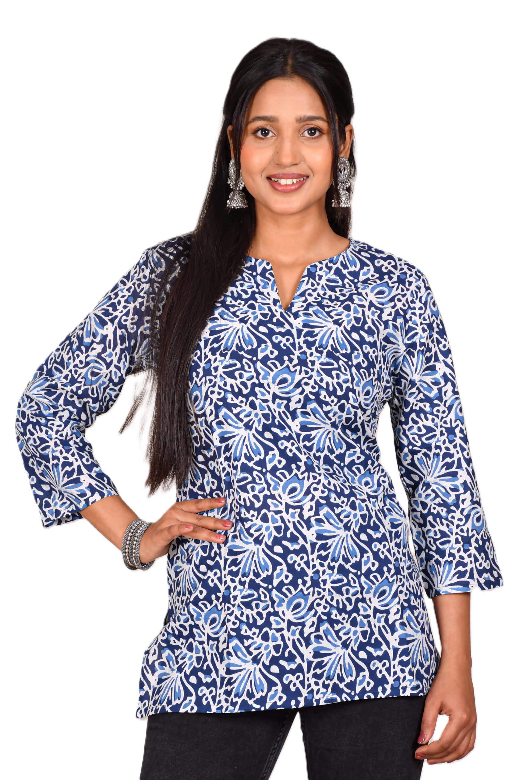 VEILA Short Kurti for Women | Cotton Floral Print Peplum Tunic Top with V-Neck, 3/4 Sleeves & 30 Inch Length | Comfortable Short Kurta for Casual & Office Wear