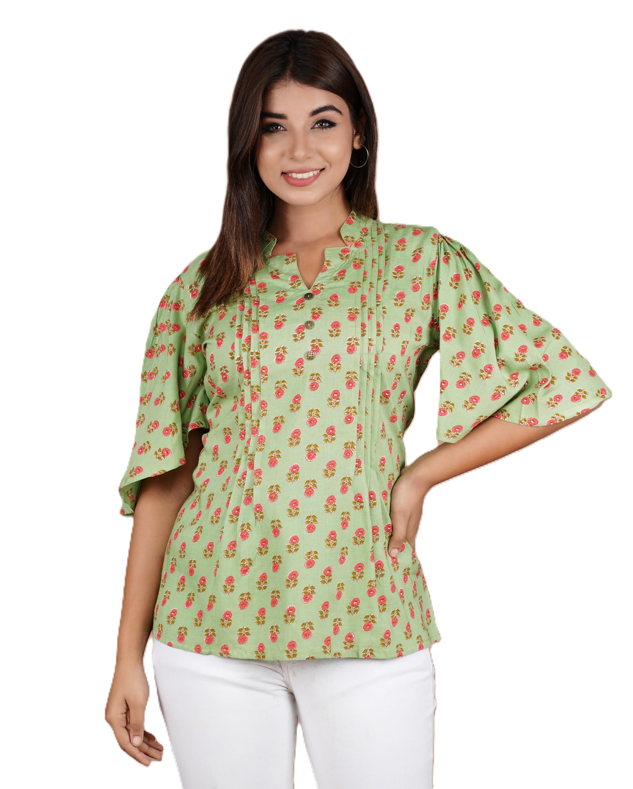 VEILA Short Kurti for Women | Cotton Floral Print Peplum Tunic Top with V-Neck, 3/4 Sleeves & 30 Inch Length | Comfortable Short Kurta for Casual & Office Wear