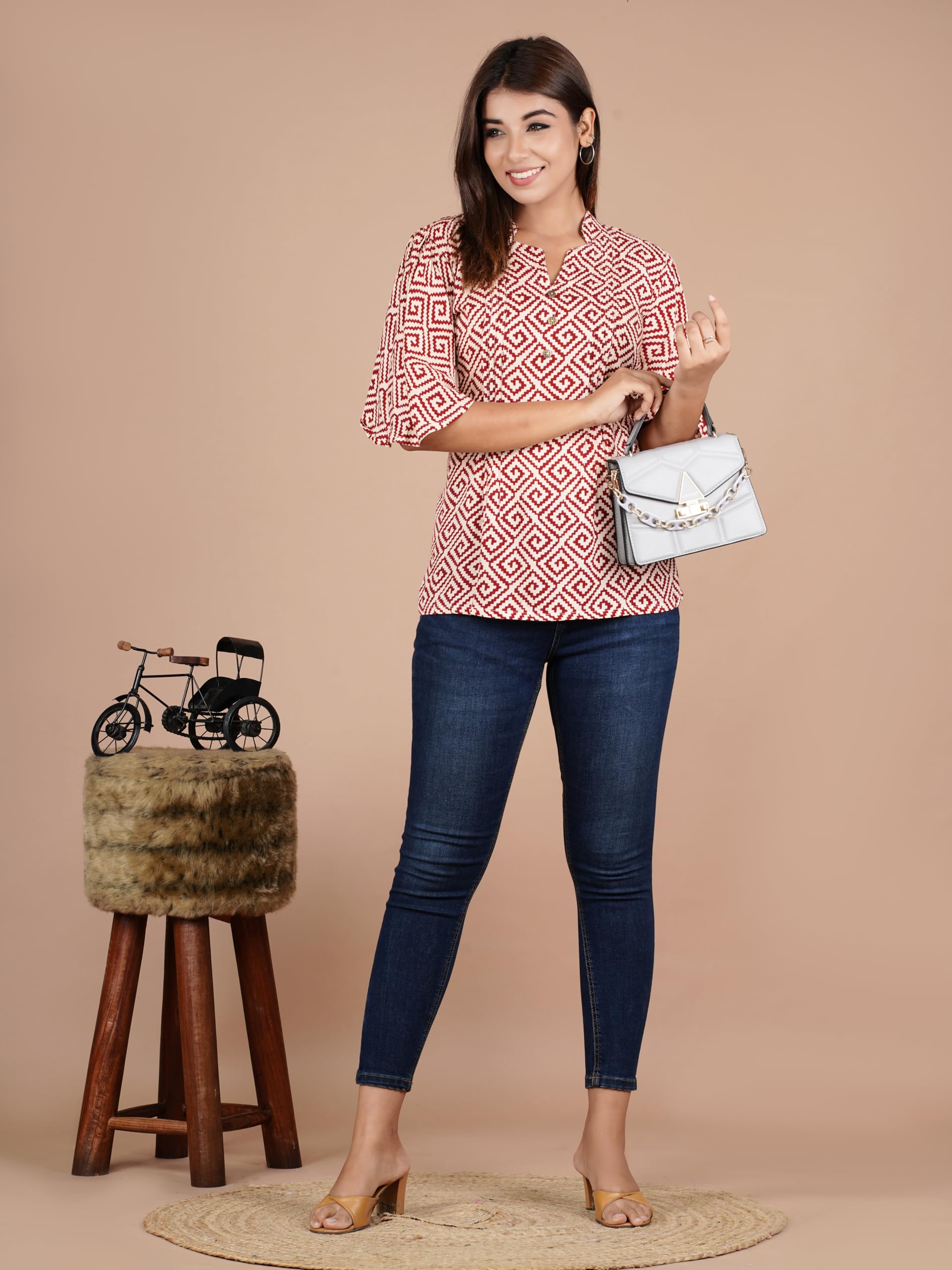 VEILA Short Kurti for Women | Cotton Floral Print Peplum Tunic Top with V-Neck, 3/4 Sleeves & 30 Inch Length | Comfortable Short Kurta for Casual & Office Wear