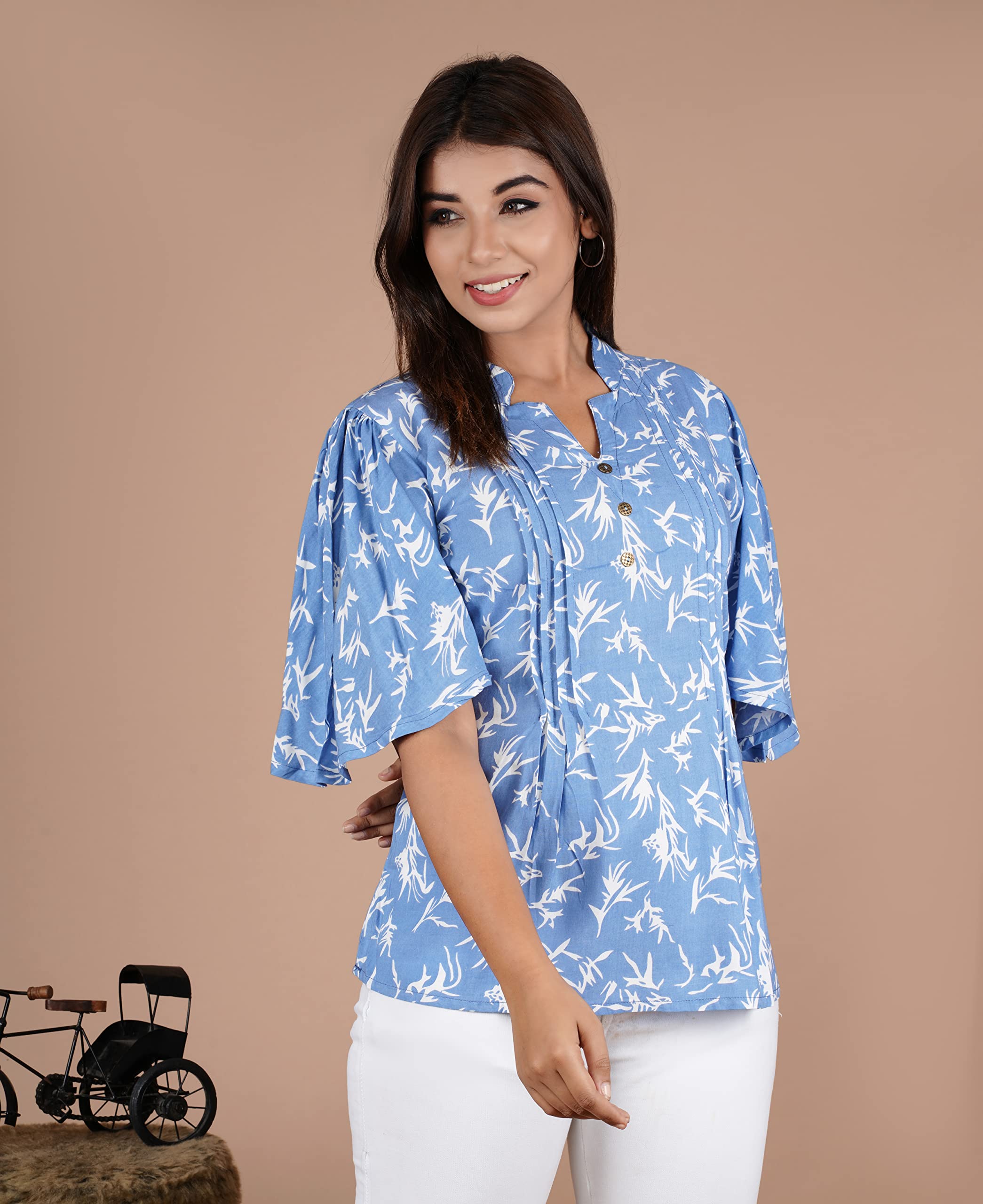 VEILA Short Kurti for Women | Cotton Floral Print Peplum Tunic Top with V-Neck, 3/4 Sleeves & 30 Inch Length | Comfortable Short Kurta for Casual & Office Wear