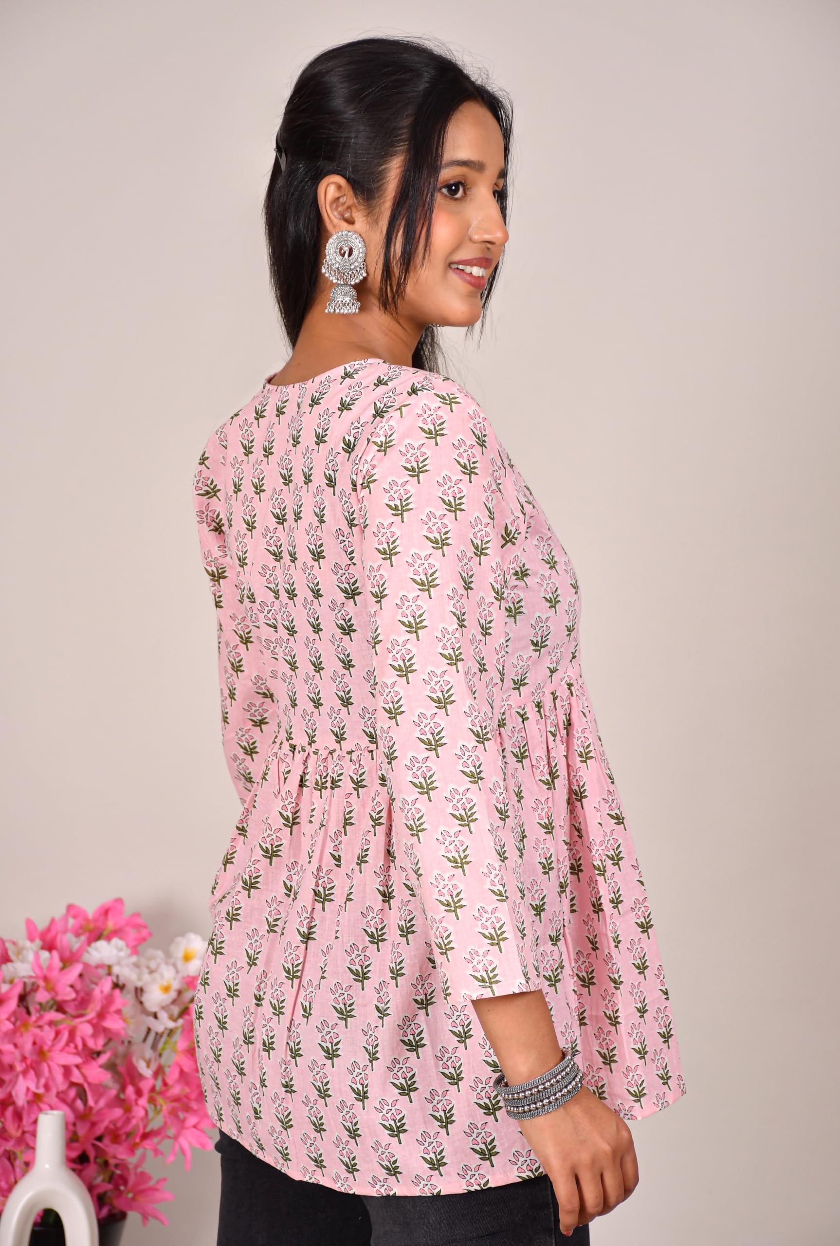 VEILA Short Kurti for Women | Cotton Floral Print Peplum Tunic Top with V-Neck, 3/4 Sleeves & 30 Inch Length | Comfortable Short Kurta for Casual & Office Wear