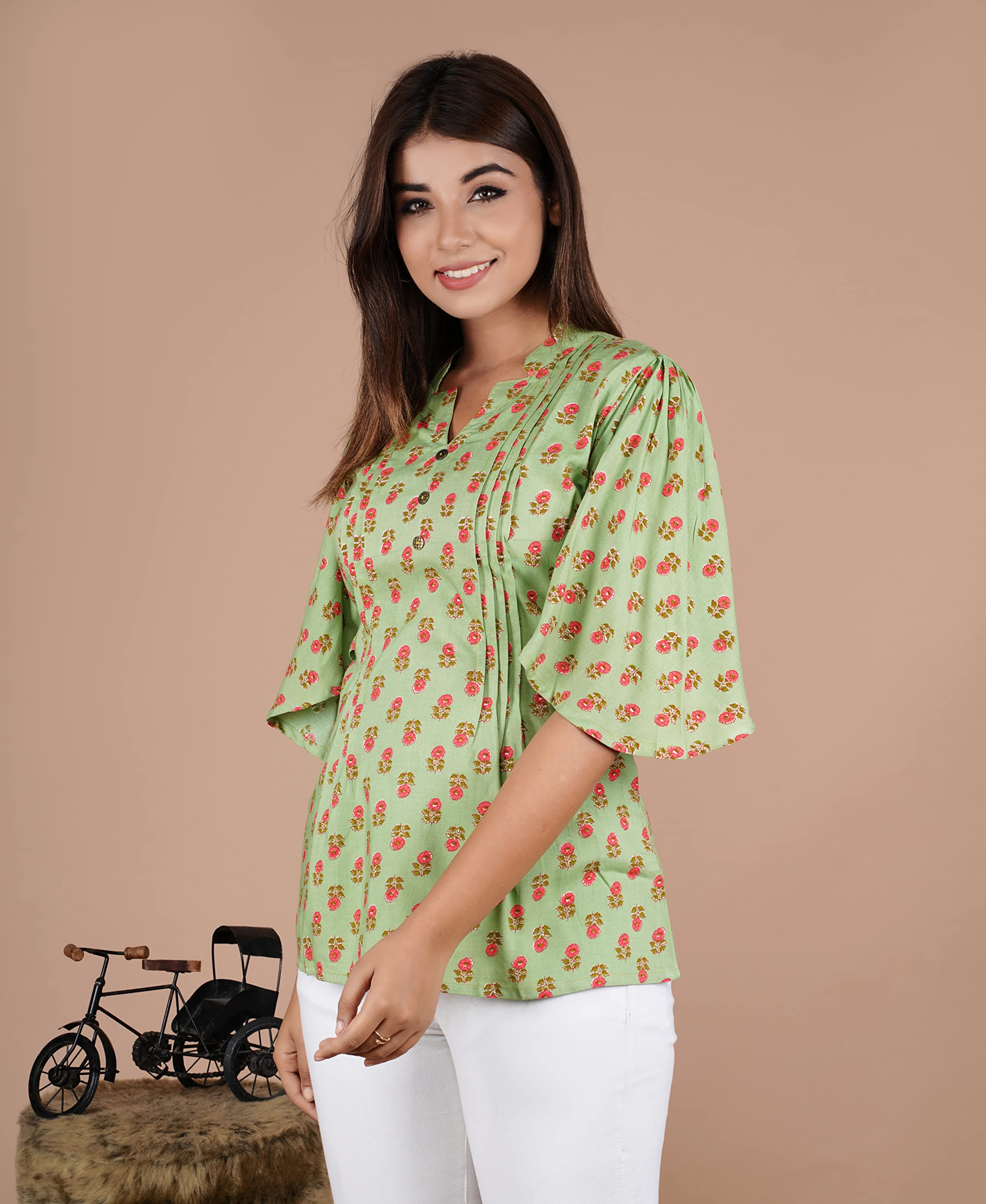 VEILA Short Kurti for Women | Cotton Floral Print Peplum Tunic Top with V-Neck, 3/4 Sleeves & 30 Inch Length | Comfortable Short Kurta for Casual & Office Wear