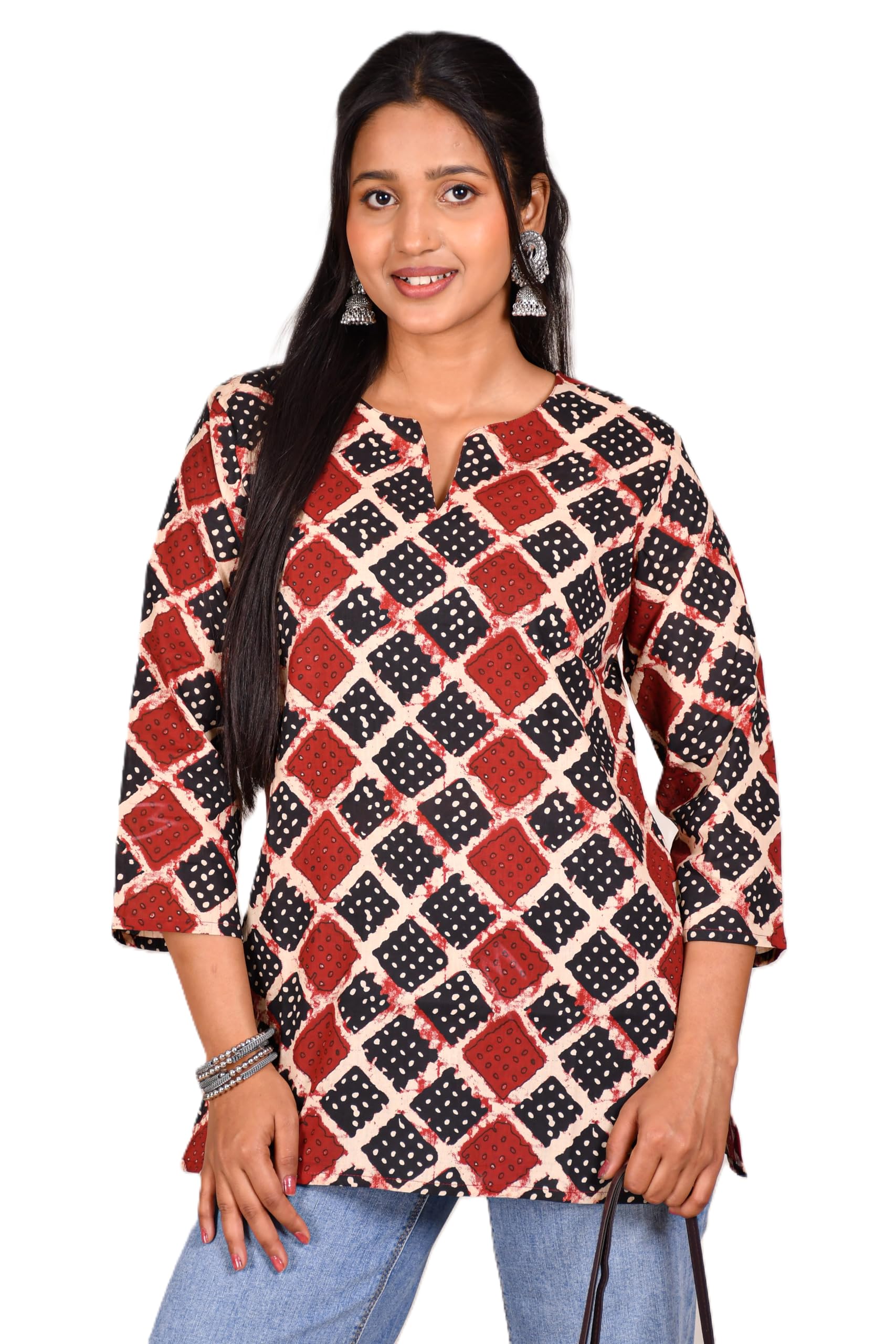 VEILA Short Kurti for Women | Cotton Floral Print Peplum Tunic Top with V-Neck, 3/4 Sleeves & 30 Inch Length | Comfortable Short Kurta for Casual & Office Wear