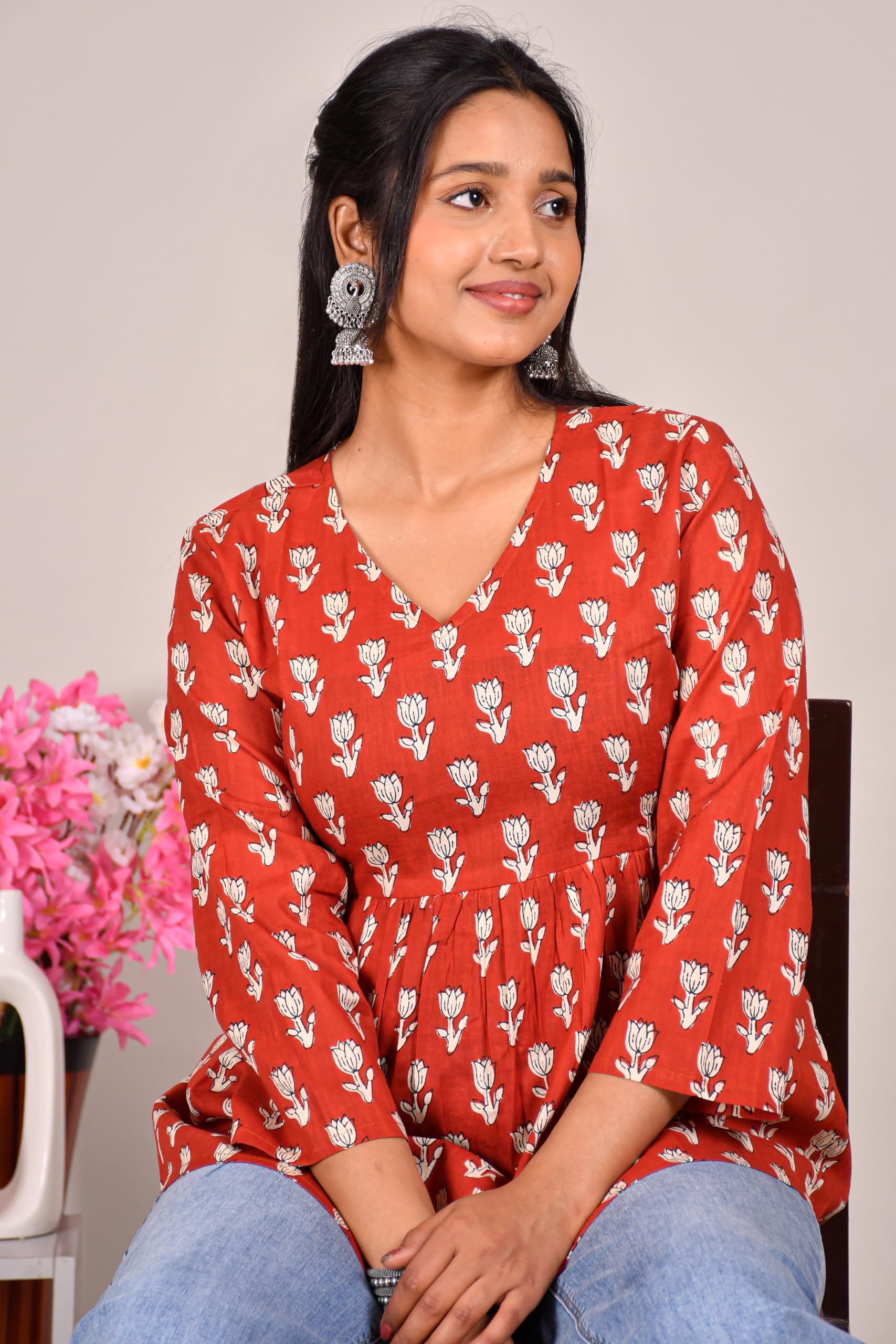 VEILA Short Kurti for Women | Cotton Floral Print Peplum Tunic Top with V-Neck, 3/4 Sleeves & 30 Inch Length | Comfortable Short Kurta for Casual & Office Wear