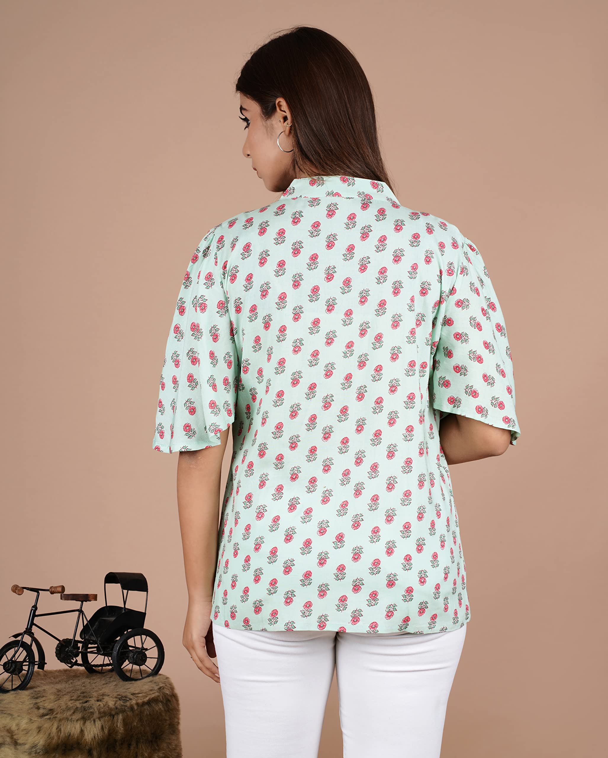 VEILA Short Kurti for Women | Cotton Floral Print Peplum Tunic Top with V-Neck, 3/4 Sleeves & 30 Inch Length | Comfortable Short Kurta for Casual & Office Wear