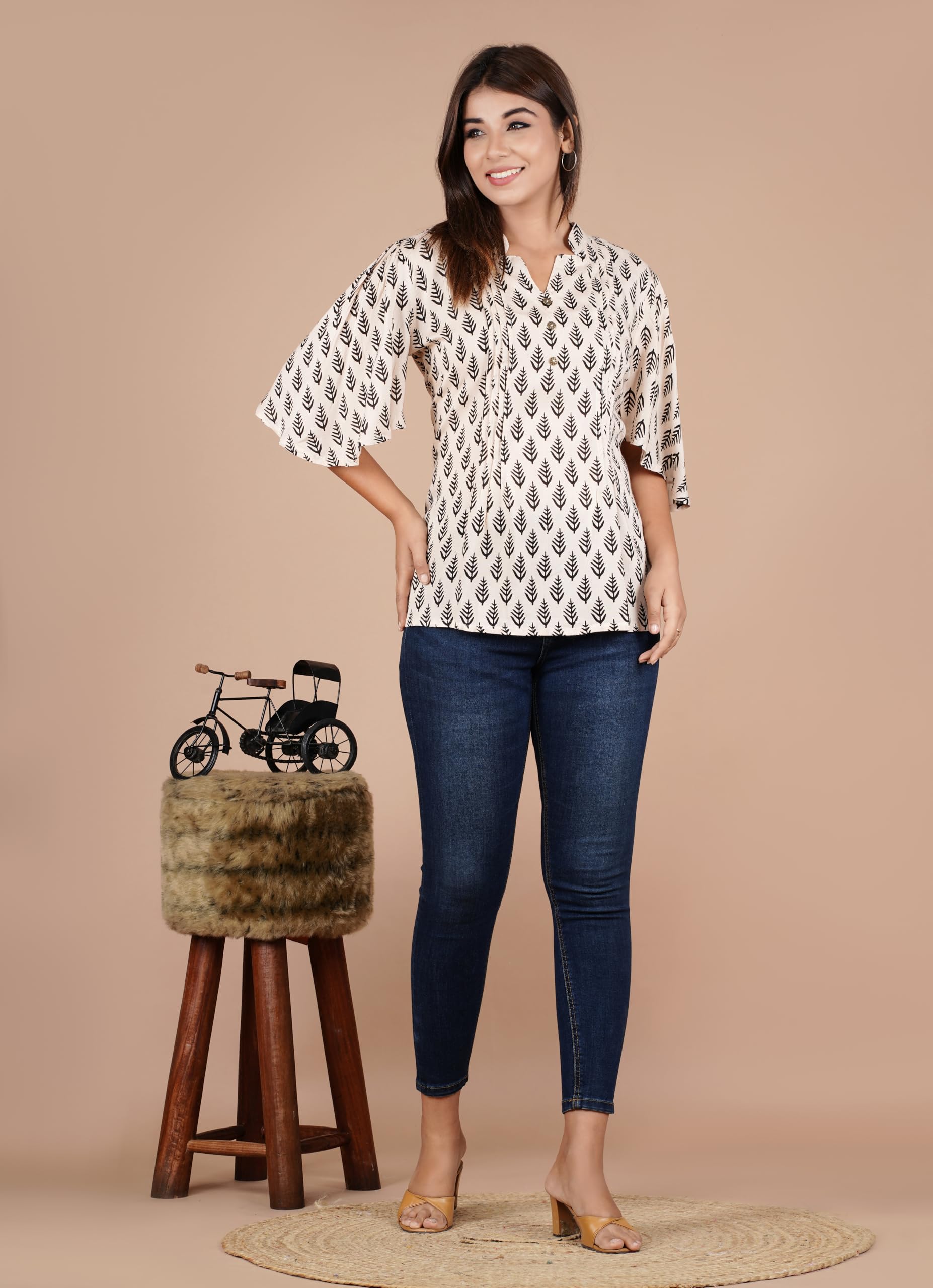 VEILA Short Kurti for Women | Cotton Floral Print Peplum Tunic Top with V-Neck, 3/4 Sleeves & 30 Inch Length | Comfortable Short Kurta for Casual & Office Wear