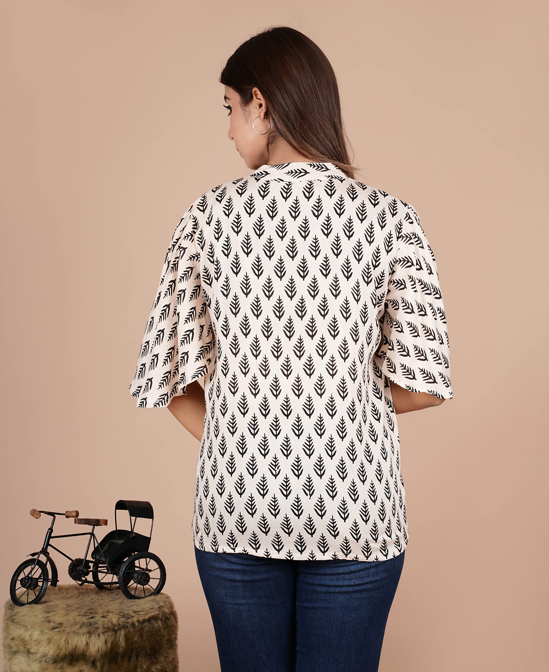 VEILA Short Kurti for Women | Cotton Floral Print Peplum Tunic Top with V-Neck, 3/4 Sleeves & 30 Inch Length | Comfortable Short Kurta for Casual & Office Wear