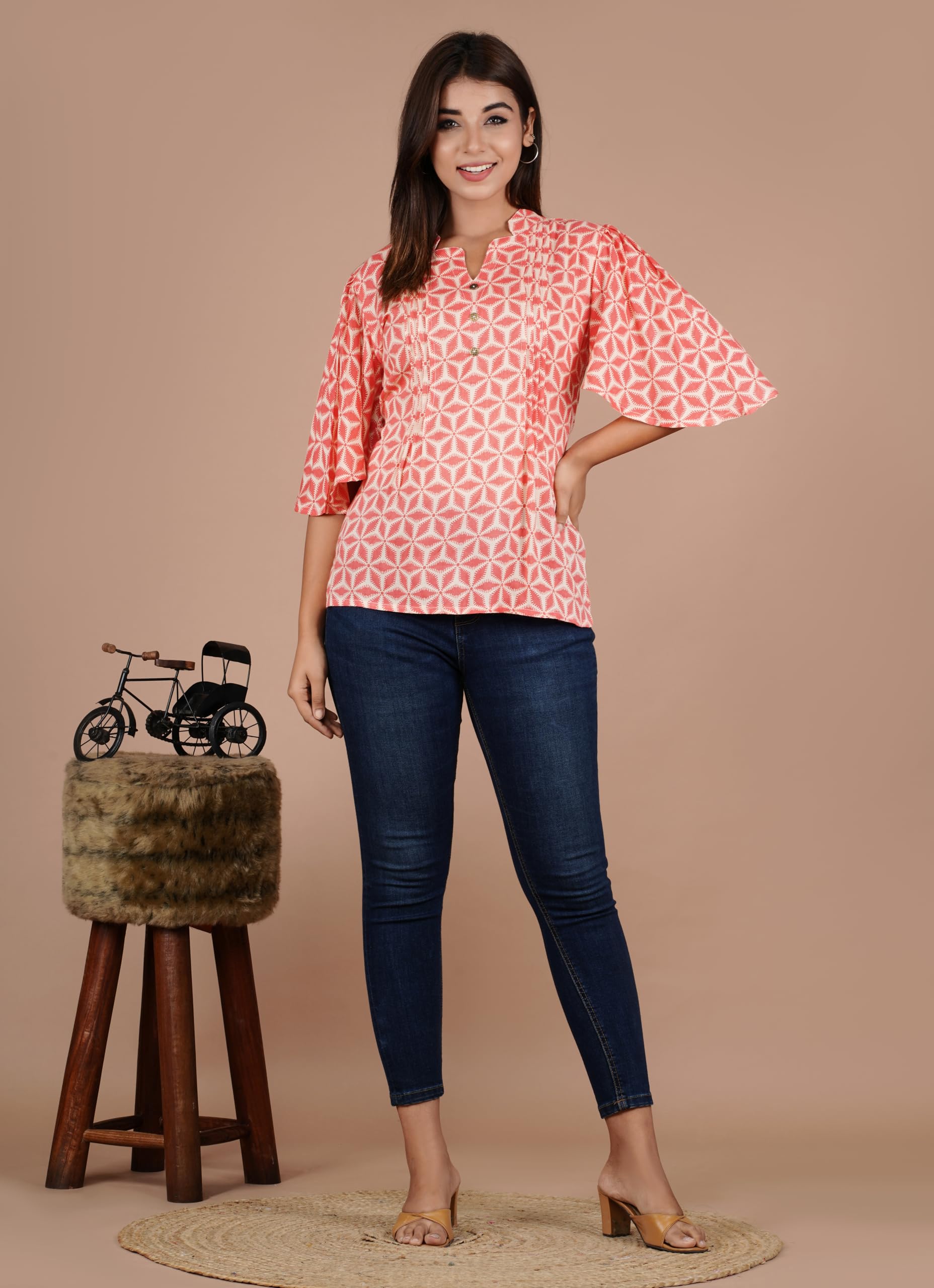 VEILA Short Kurti for Women | Cotton Floral Print Peplum Tunic Top with V-Neck, 3/4 Sleeves & 30 Inch Length | Comfortable Short Kurta for Casual & Office Wear