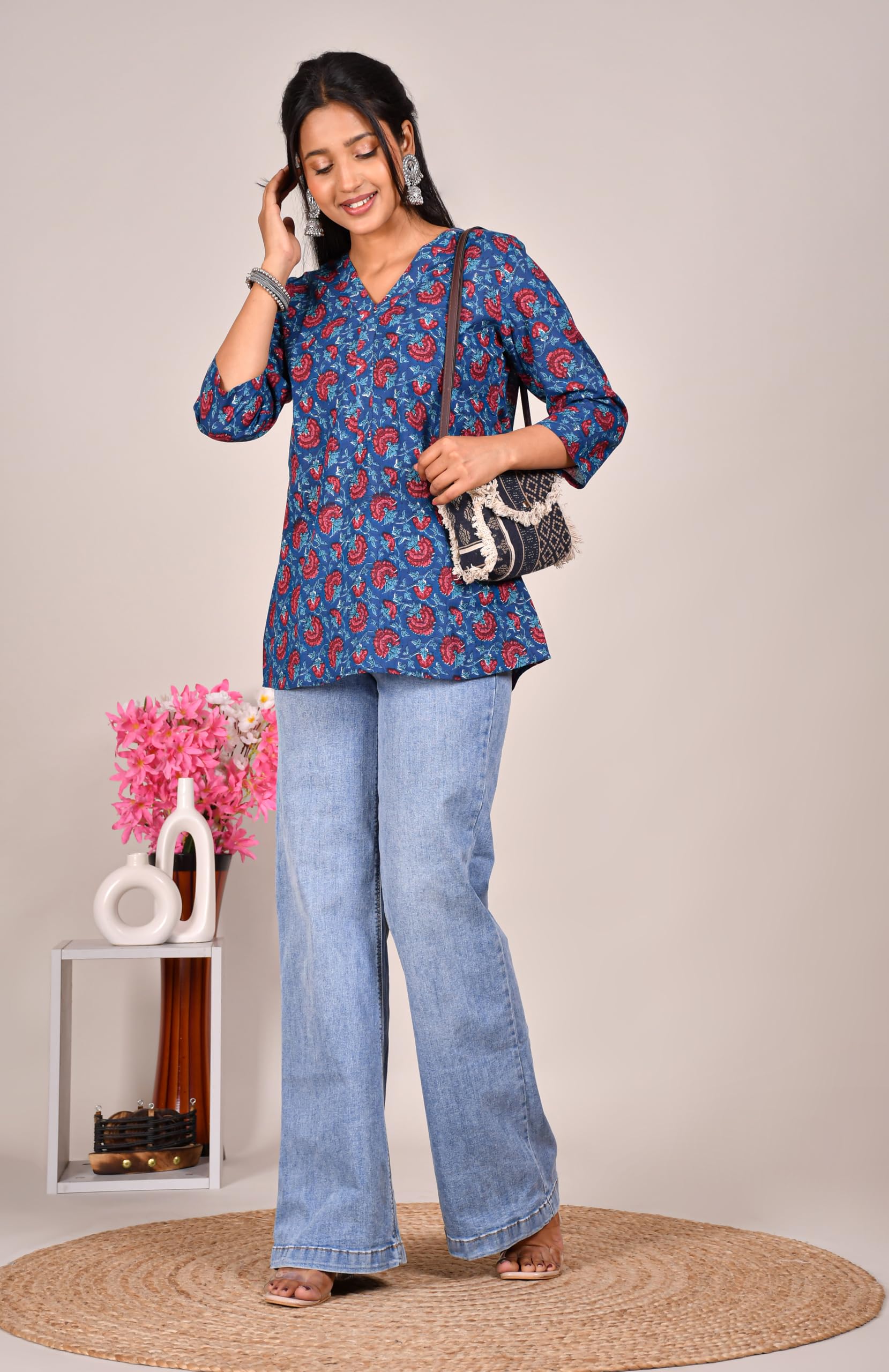 VEILA Short Kurti for Women | Cotton Floral Print Peplum Tunic Top with V-Neck, 3/4 Sleeves & 30 Inch Length | Comfortable Short Kurta for Casual & Office Wear