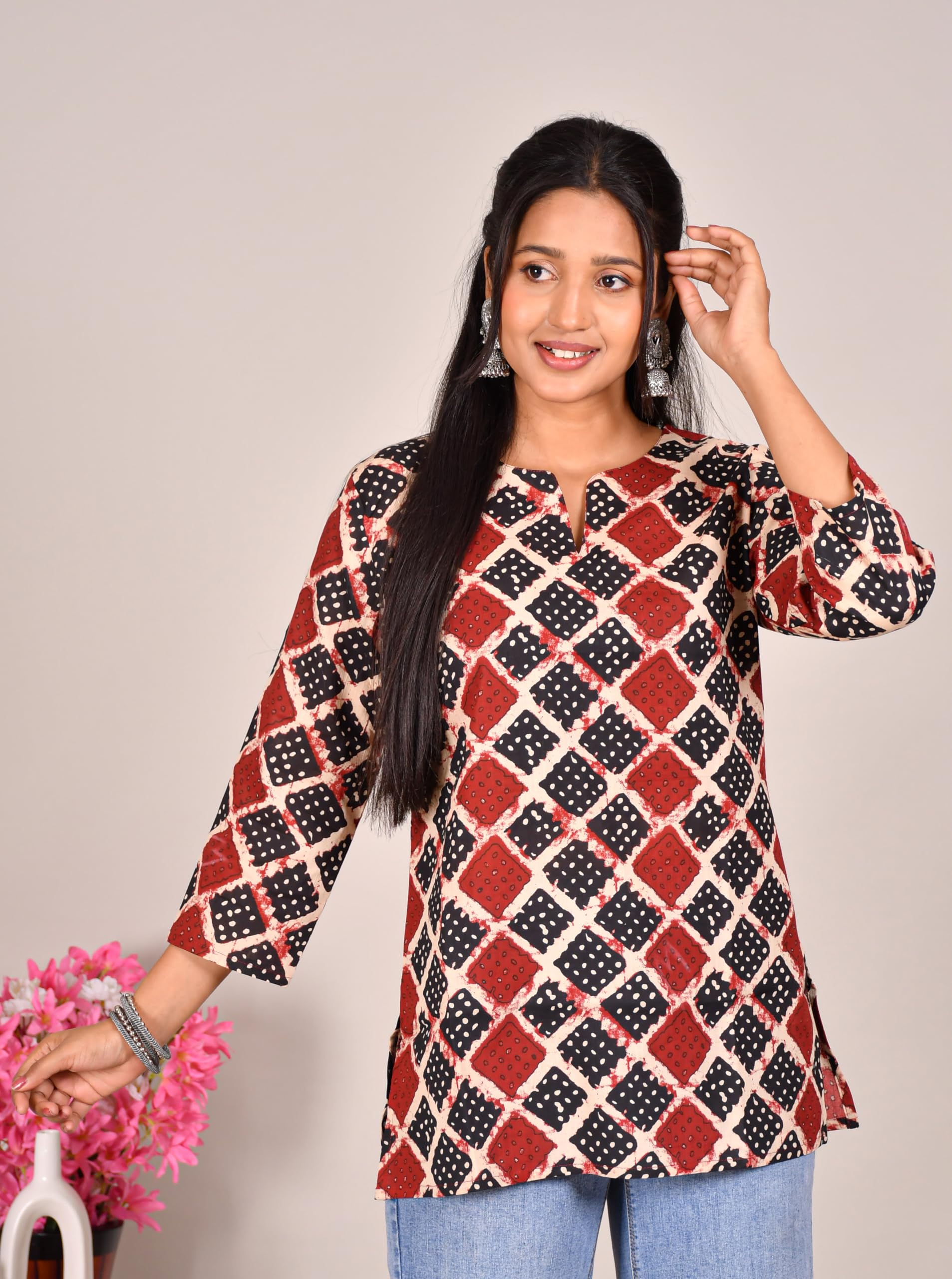 VEILA Short Kurti for Women | Cotton Floral Print Peplum Tunic Top with V-Neck, 3/4 Sleeves & 30 Inch Length | Comfortable Short Kurta for Casual & Office Wear