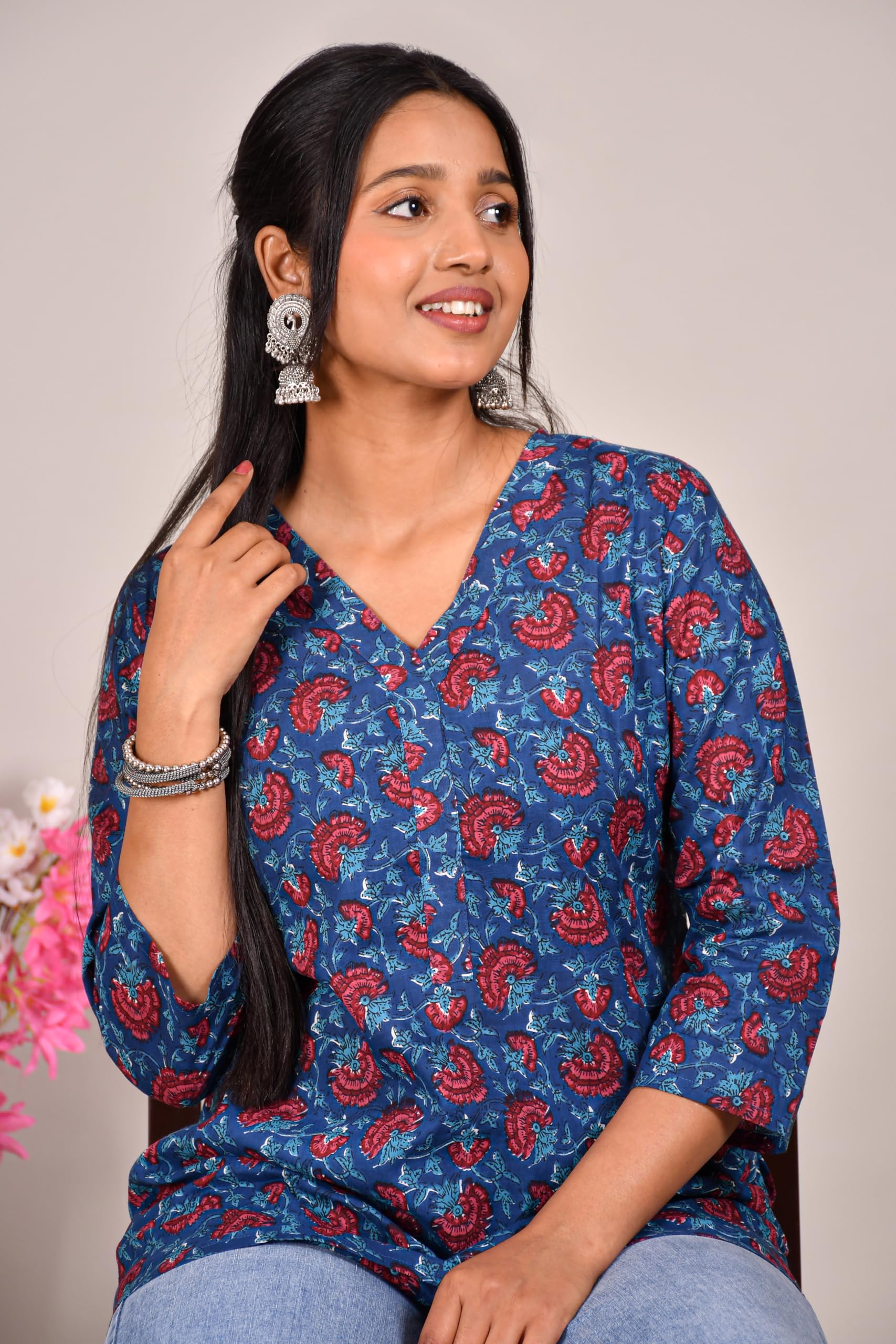 VEILA Short Kurti for Women | Cotton Floral Print Peplum Tunic Top with V-Neck, 3/4 Sleeves & 30 Inch Length | Comfortable Short Kurta for Casual & Office Wear