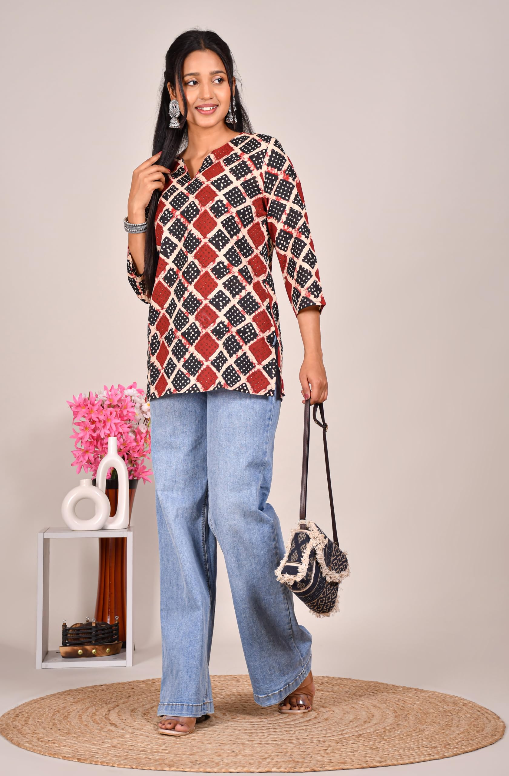 VEILA Short Kurti for Women | Cotton Floral Print Peplum Tunic Top with V-Neck, 3/4 Sleeves & 30 Inch Length | Comfortable Short Kurta for Casual & Office Wear