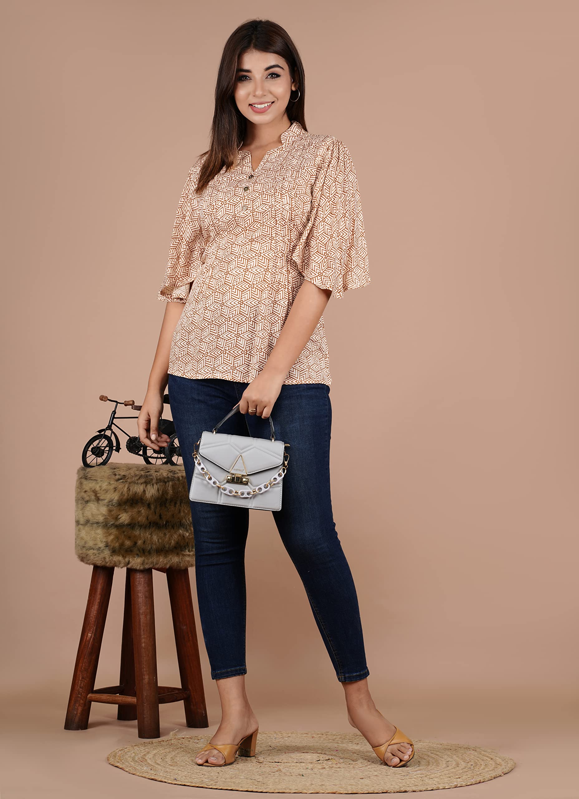 VEILA Short Kurti for Women | Cotton Floral Print Peplum Tunic Top with V-Neck, 3/4 Sleeves & 30 Inch Length | Comfortable Short Kurta for Casual & Office Wear