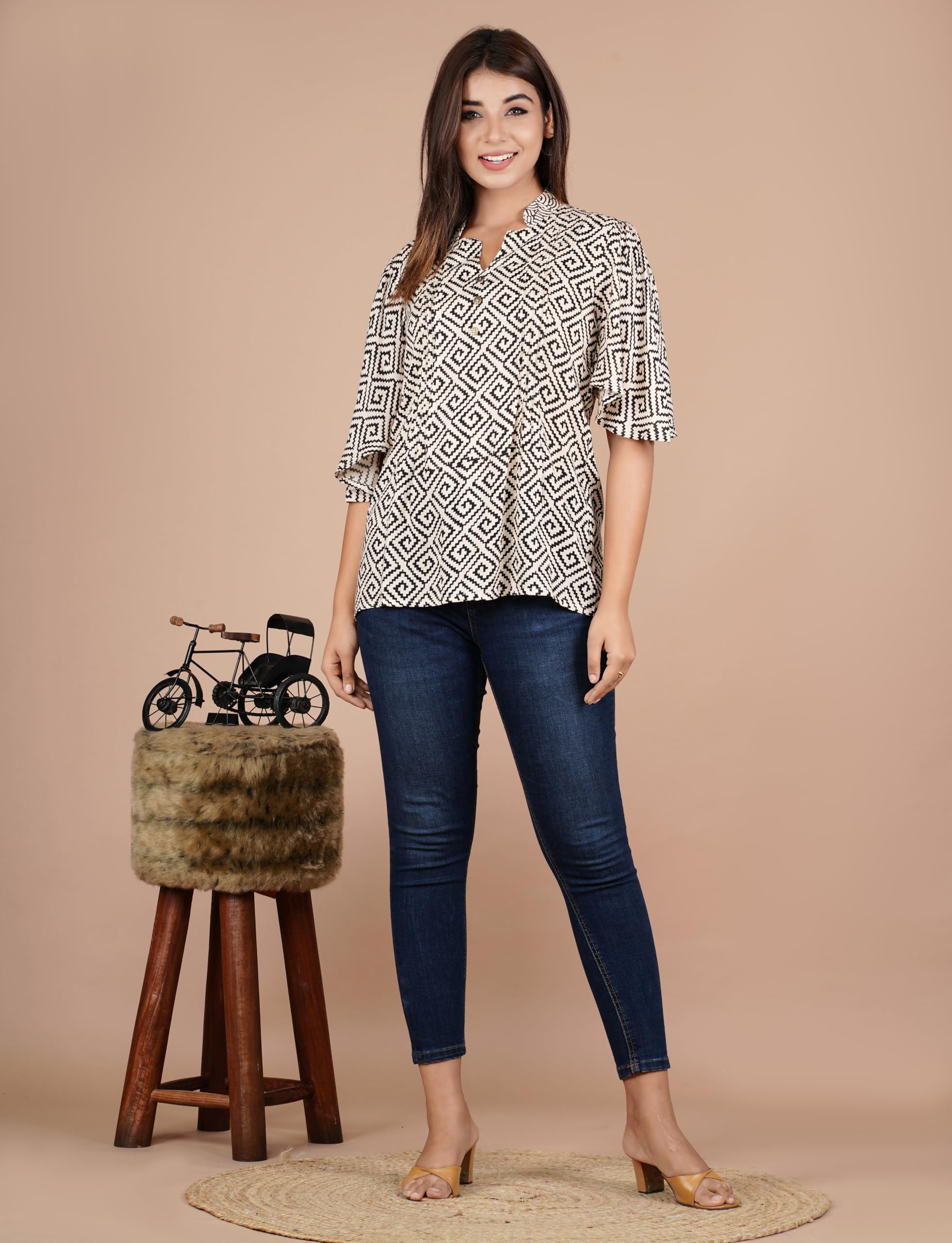VEILA Short Kurti for Women | Cotton Floral Print Peplum Tunic Top with V-Neck, 3/4 Sleeves & 30 Inch Length | Comfortable Short Kurta for Casual & Office Wear