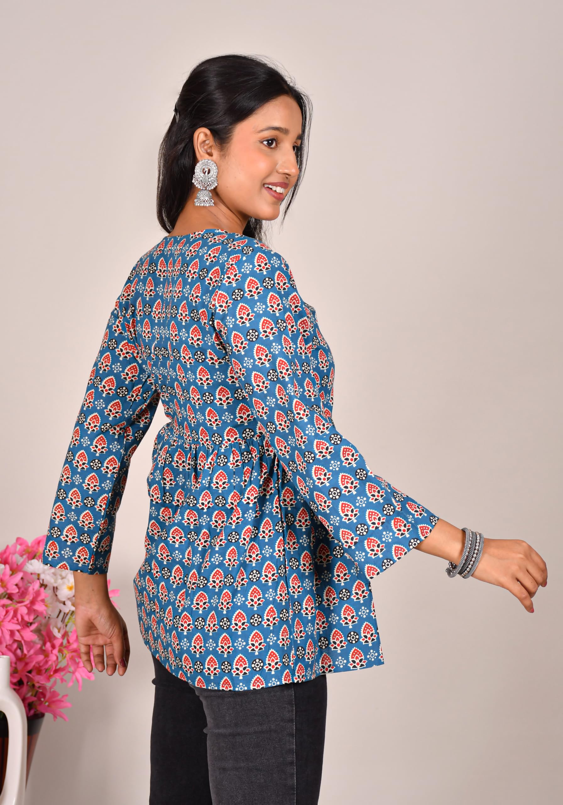 VEILA Short Kurti for Women | Cotton Floral Print Peplum Tunic Top with V-Neck, 3/4 Sleeves & 30 Inch Length | Comfortable Short Kurta for Casual & Office Wear