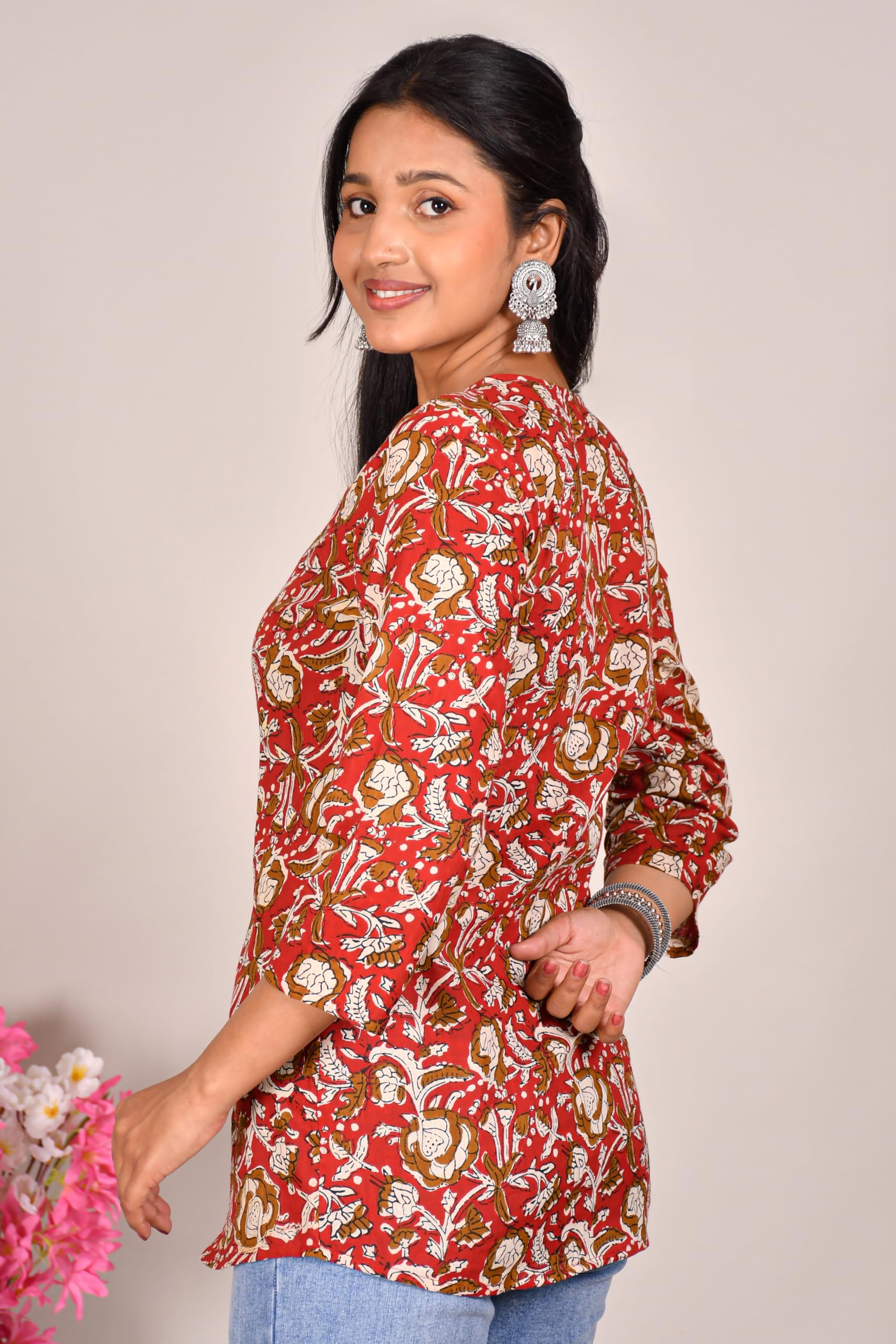 VEILA Short Kurti for Women | Cotton Floral Print Peplum Tunic Top with V-Neck, 3/4 Sleeves & 30 Inch Length | Comfortable Short Kurta for Casual & Office Wear