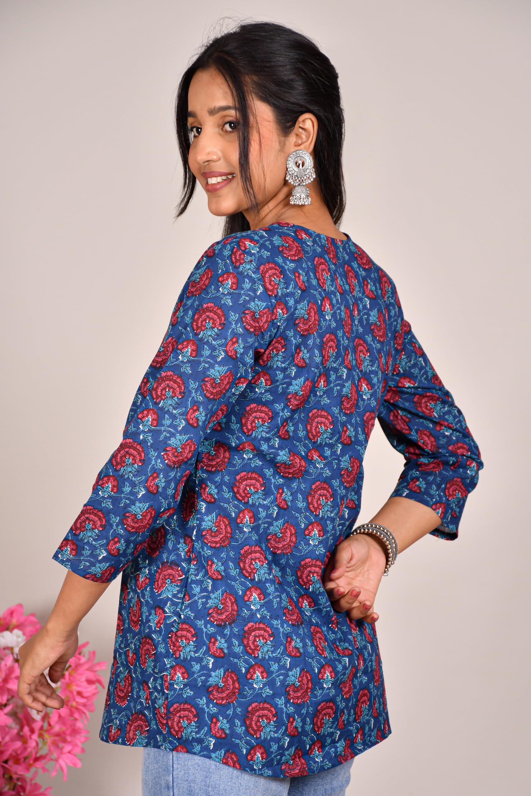 VEILA Short Kurti for Women | Cotton Floral Print Peplum Tunic Top with V-Neck, 3/4 Sleeves & 30 Inch Length | Comfortable Short Kurta for Casual & Office Wear