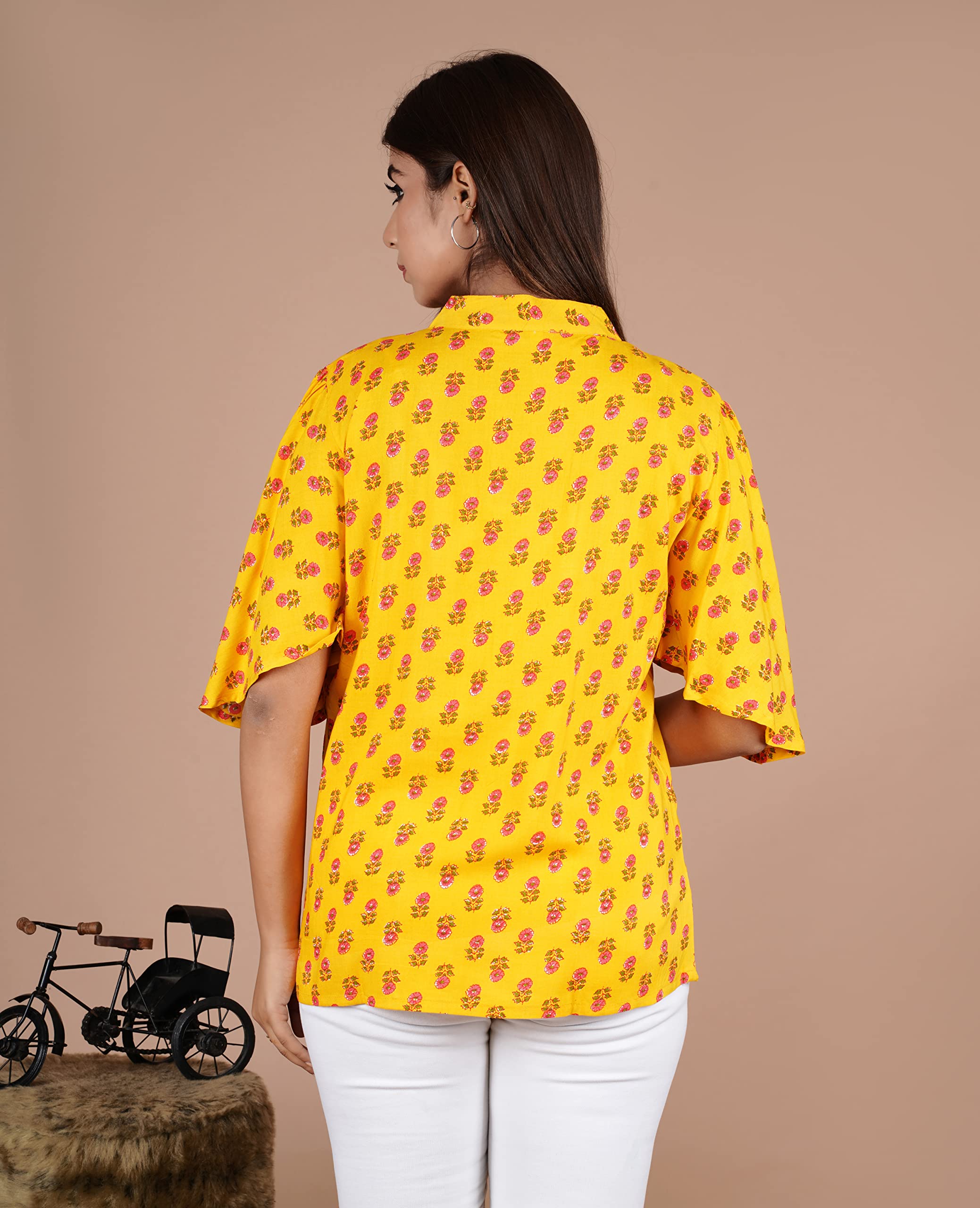 VEILA Short Kurti for Women | Cotton Floral Print Peplum Tunic Top with V-Neck, 3/4 Sleeves & 30 Inch Length | Comfortable Short Kurta for Casual & Office Wear