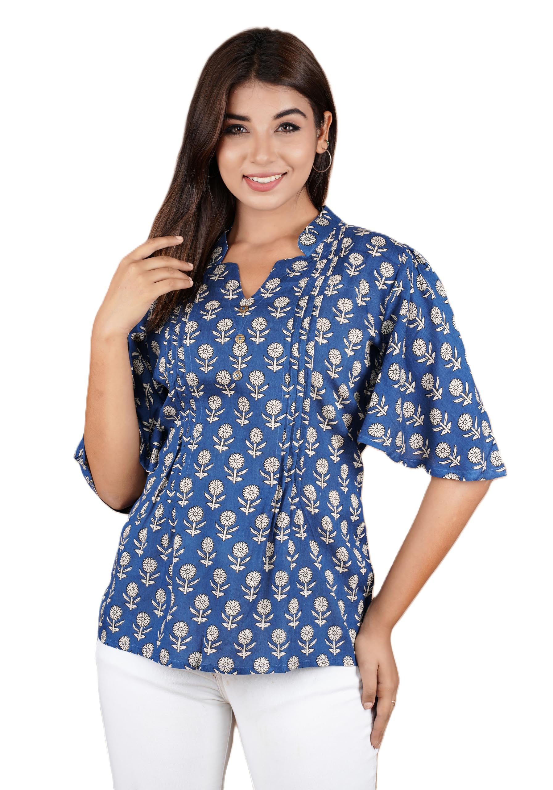 VEILA Short Kurti for Women | Cotton Floral Print Peplum Tunic Top with V-Neck, 3/4 Sleeves & 30 Inch Length | Comfortable Short Kurta for Casual & Office Wear