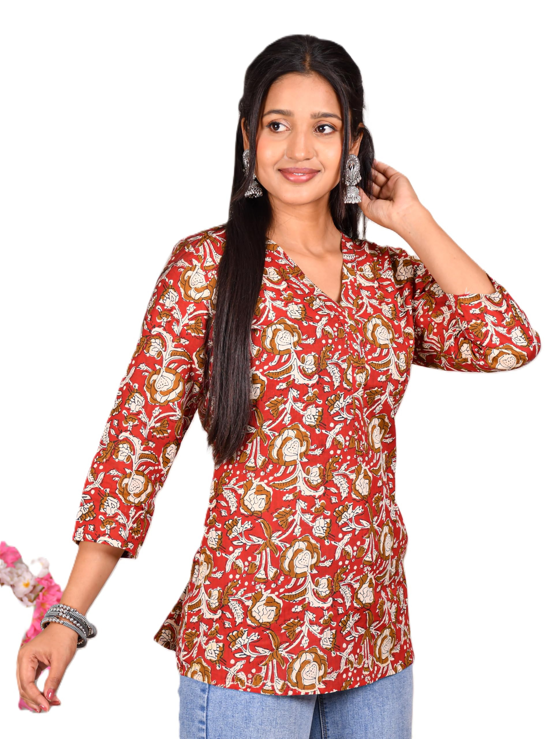 VEILA Short Kurti for Women | Cotton Floral Print Peplum Tunic Top with V-Neck, 3/4 Sleeves & 30 Inch Length | Comfortable Short Kurta for Casual & Office Wear