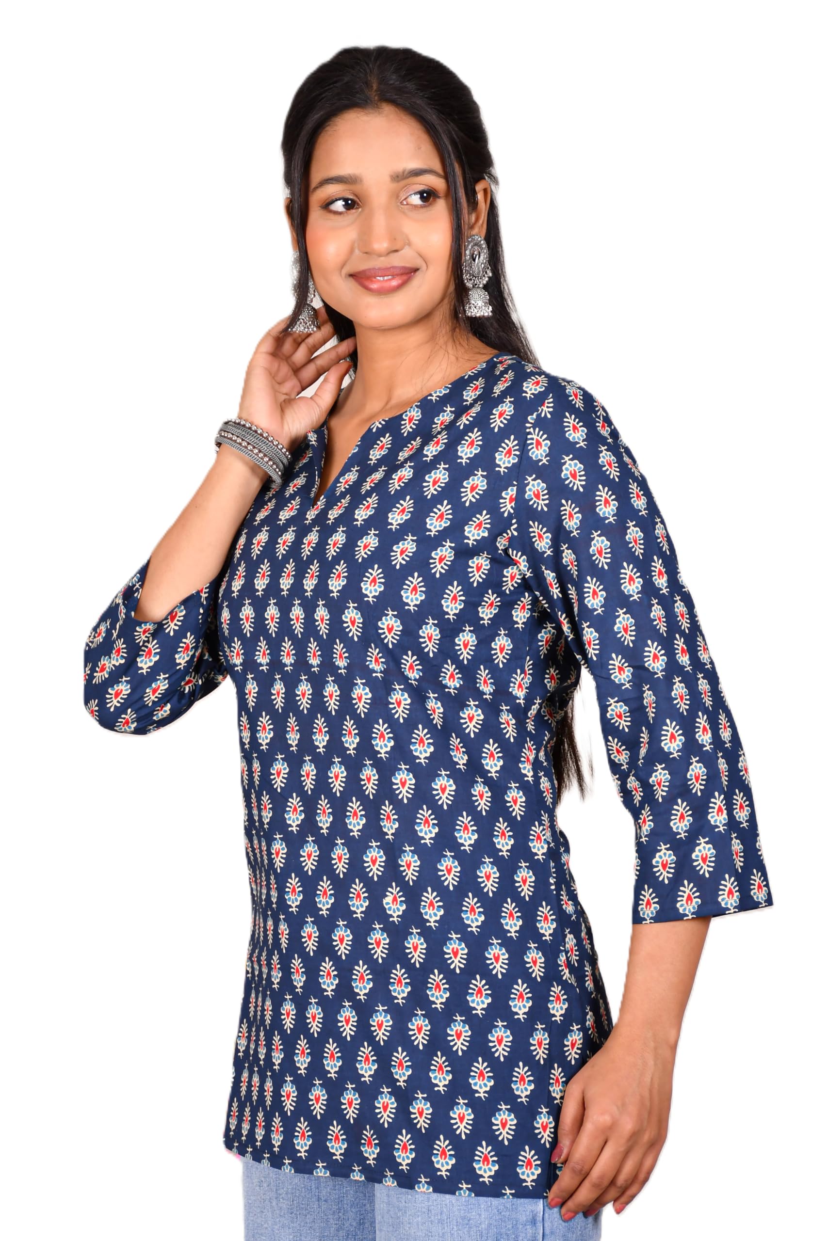 VEILA Short Kurti for Women | Cotton Floral Print Peplum Tunic Top with V-Neck, 3/4 Sleeves & 30 Inch Length | Comfortable Short Kurta for Casual & Office Wear