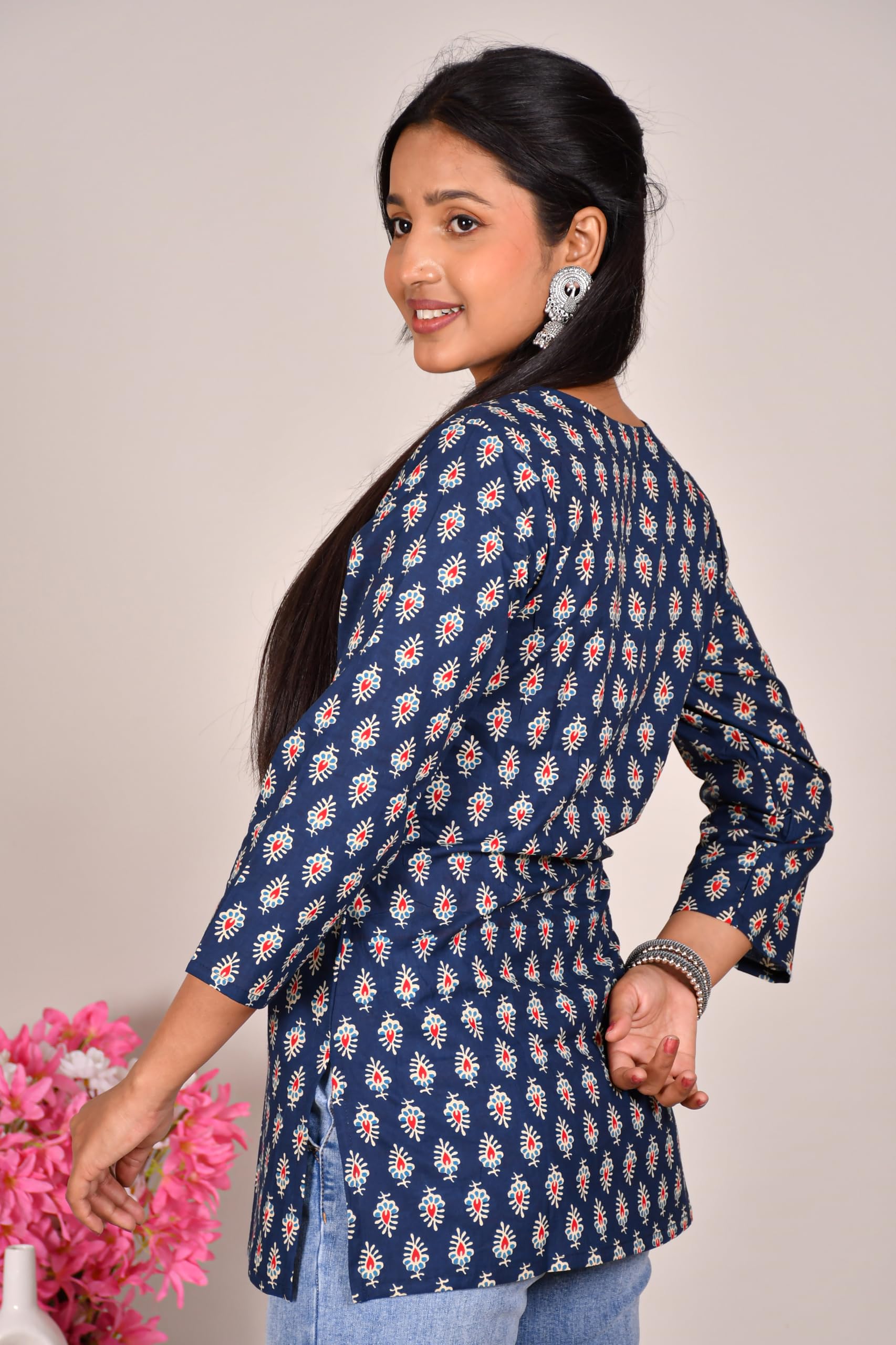 VEILA Short Kurti for Women | Cotton Floral Print Peplum Tunic Top with V-Neck, 3/4 Sleeves & 30 Inch Length | Comfortable Short Kurta for Casual & Office Wear