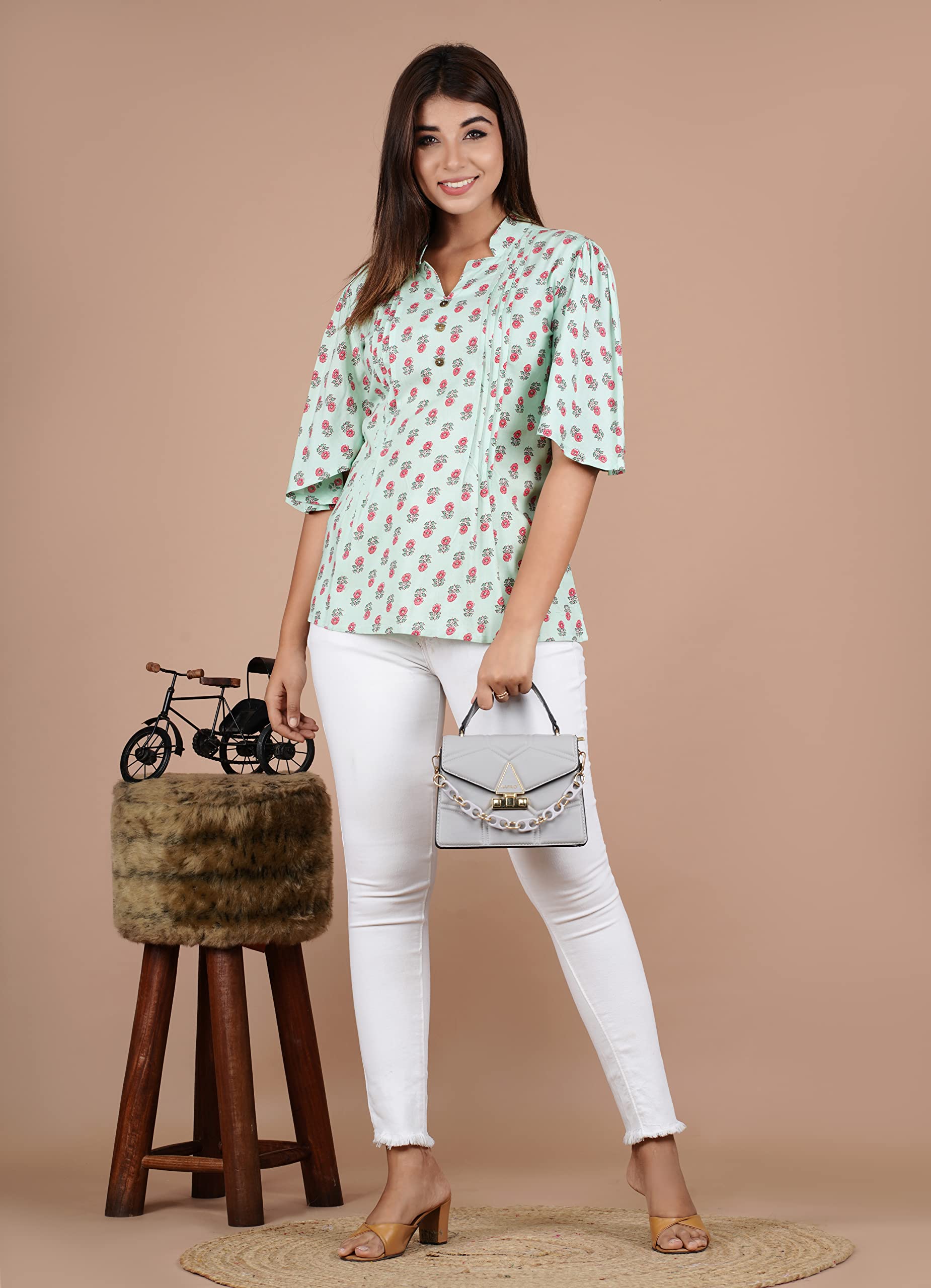 VEILA Short Kurti for Women | Cotton Floral Print Peplum Tunic Top with V-Neck, 3/4 Sleeves & 30 Inch Length | Comfortable Short Kurta for Casual & Office Wear
