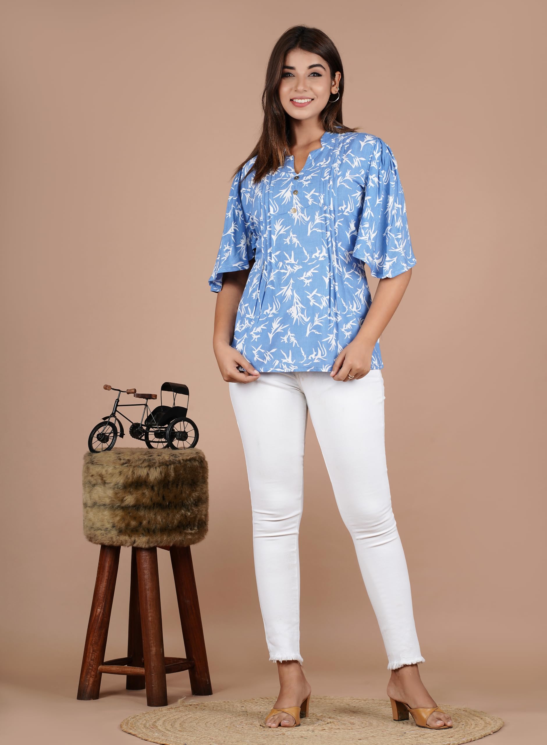 VEILA Short Kurti for Women | Cotton Floral Print Peplum Tunic Top with V-Neck, 3/4 Sleeves & 30 Inch Length | Comfortable Short Kurta for Casual & Office Wear