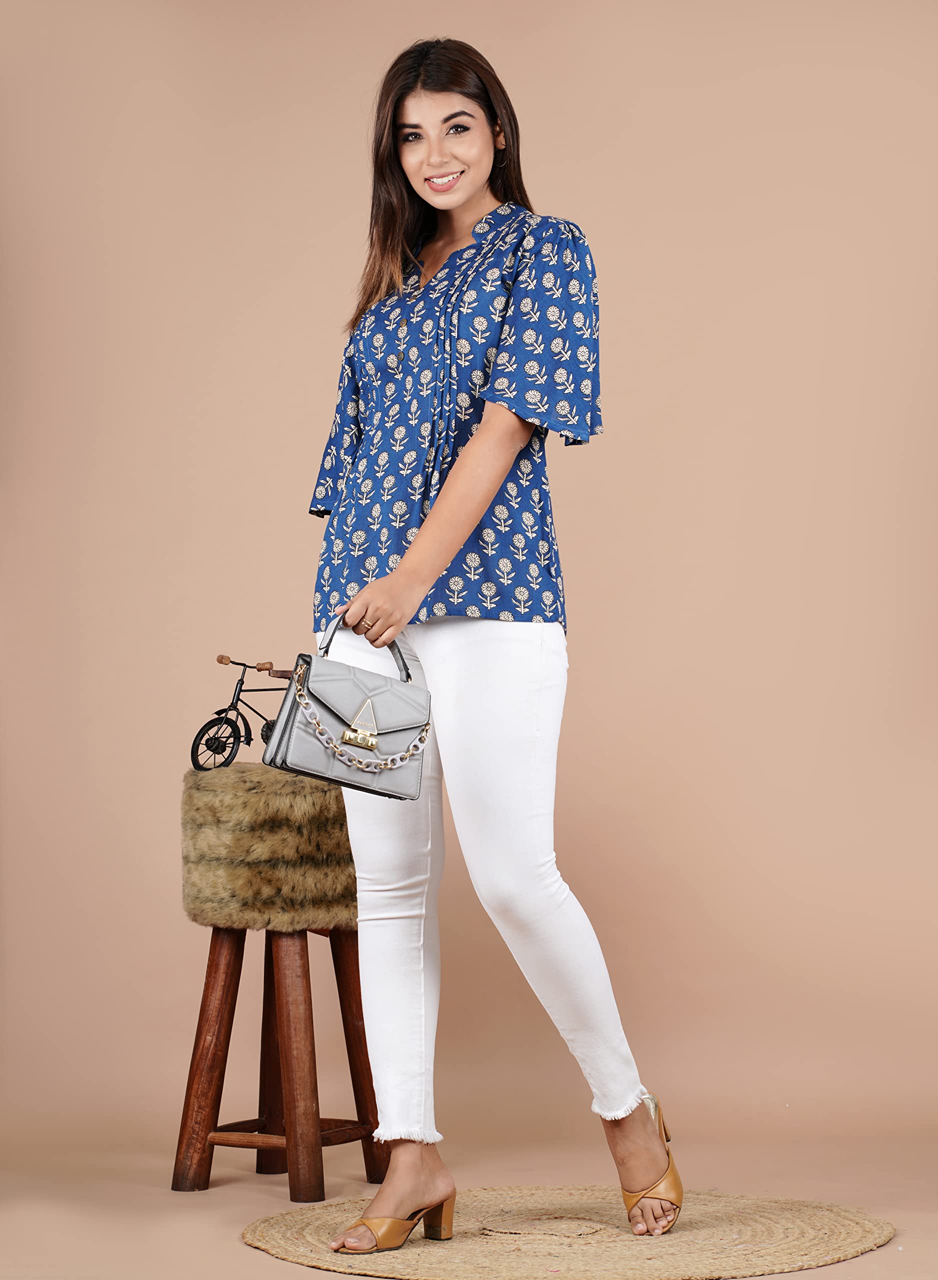 VEILA Short Kurti for Women | Cotton Floral Print Peplum Tunic Top with V-Neck, 3/4 Sleeves & 30 Inch Length | Comfortable Short Kurta for Casual & Office Wear
