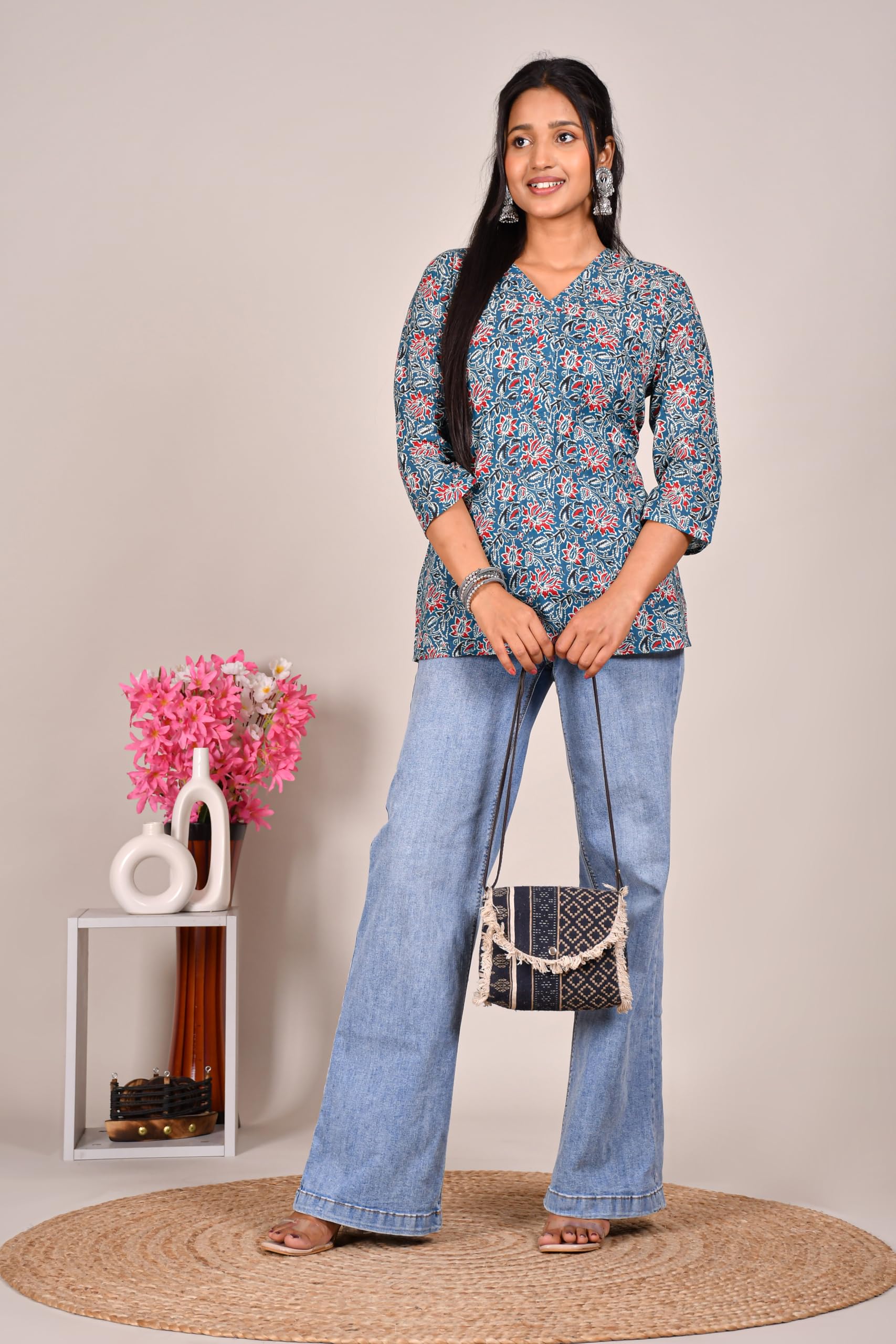 VEILA Short Kurti for Women | Cotton Floral Print Peplum Tunic Top with V-Neck, 3/4 Sleeves & 30 Inch Length | Comfortable Short Kurta for Casual & Office Wear