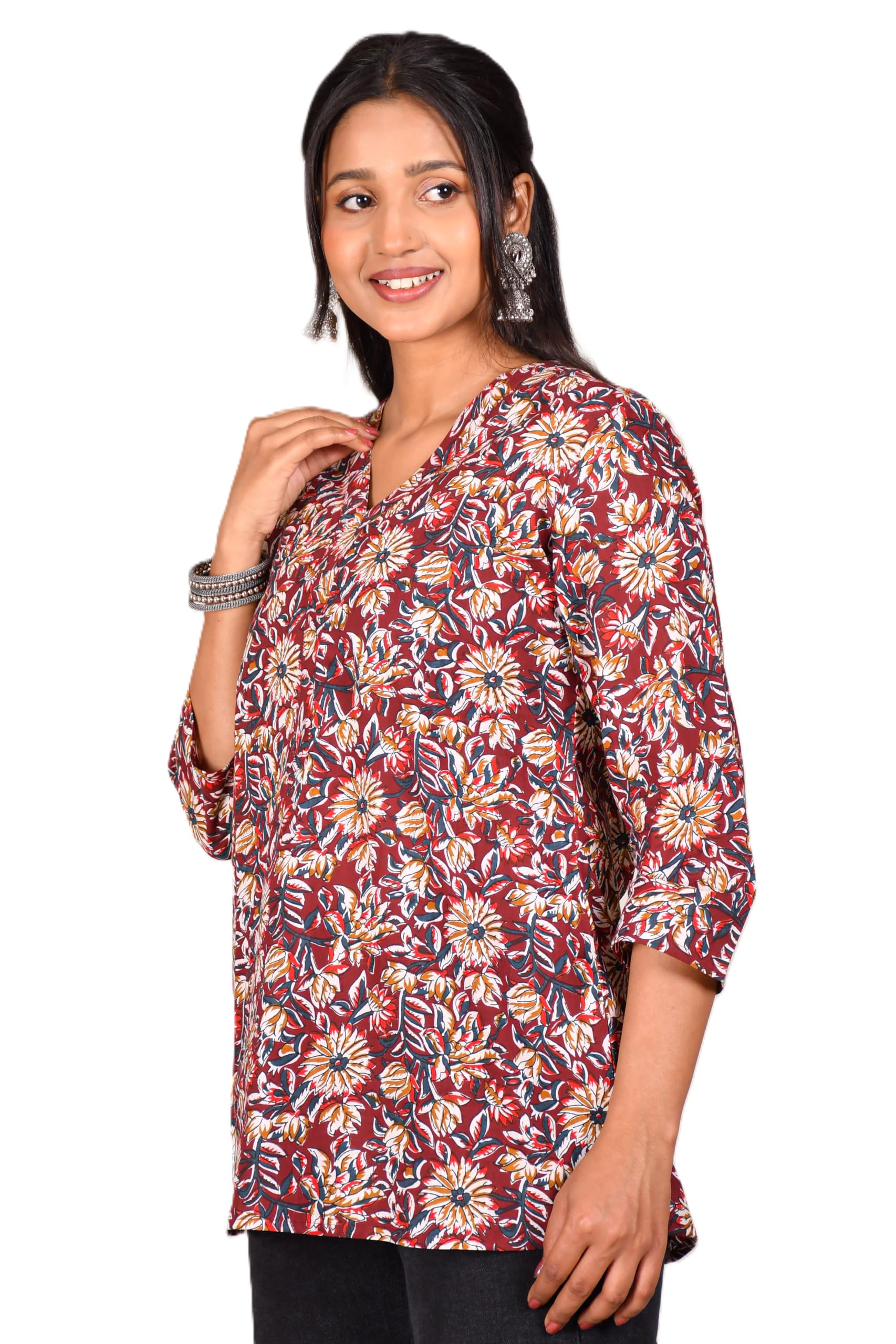VEILA Short Kurti for Women | Cotton Floral Print Peplum Tunic Top with V-Neck, 3/4 Sleeves & 30 Inch Length | Comfortable Short Kurta for Casual & Office Wear