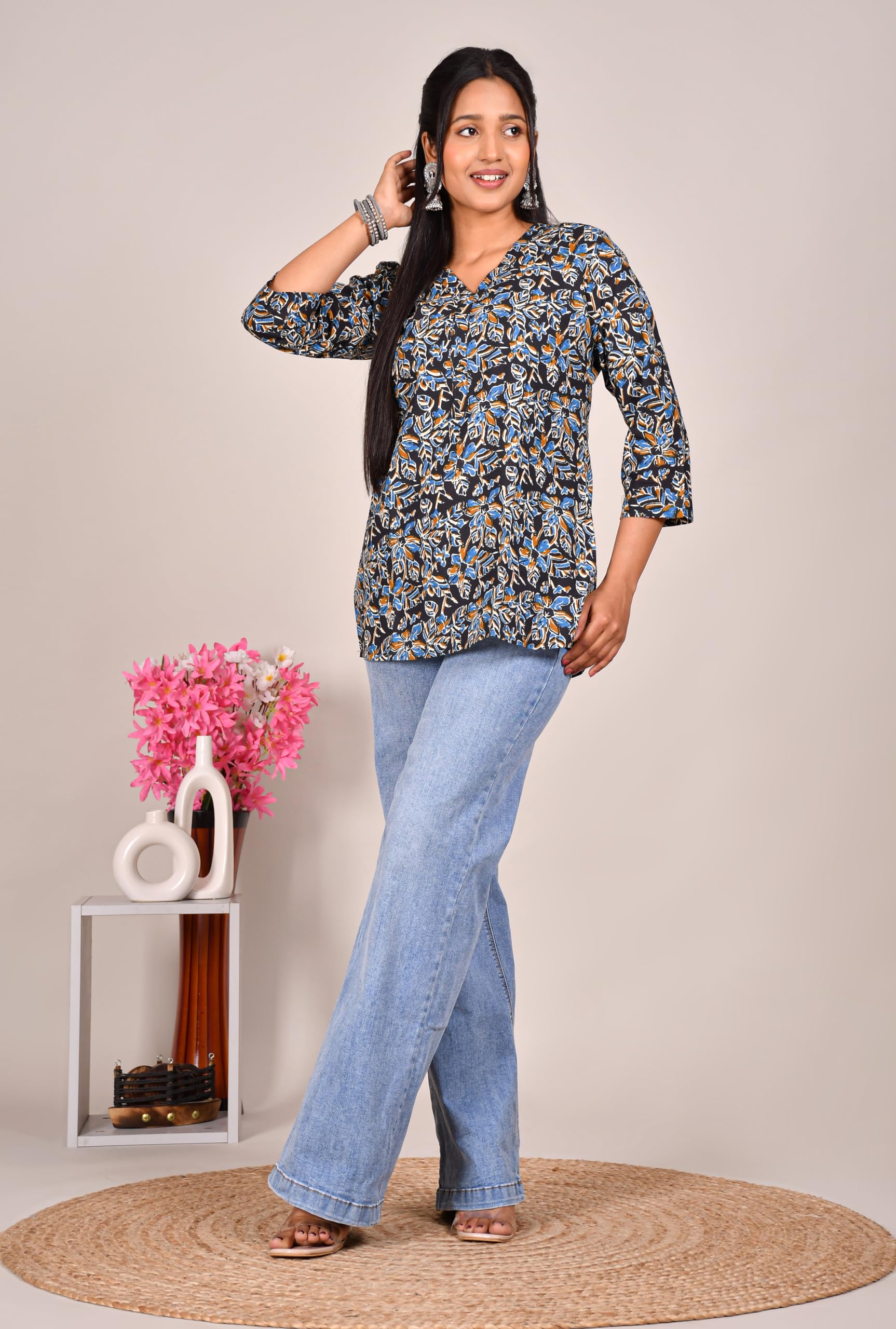 VEILA Short Kurti for Women | Cotton Floral Print Peplum Tunic Top with V-Neck, 3/4 Sleeves & 30 Inch Length | Comfortable Short Kurta for Casual & Office Wear