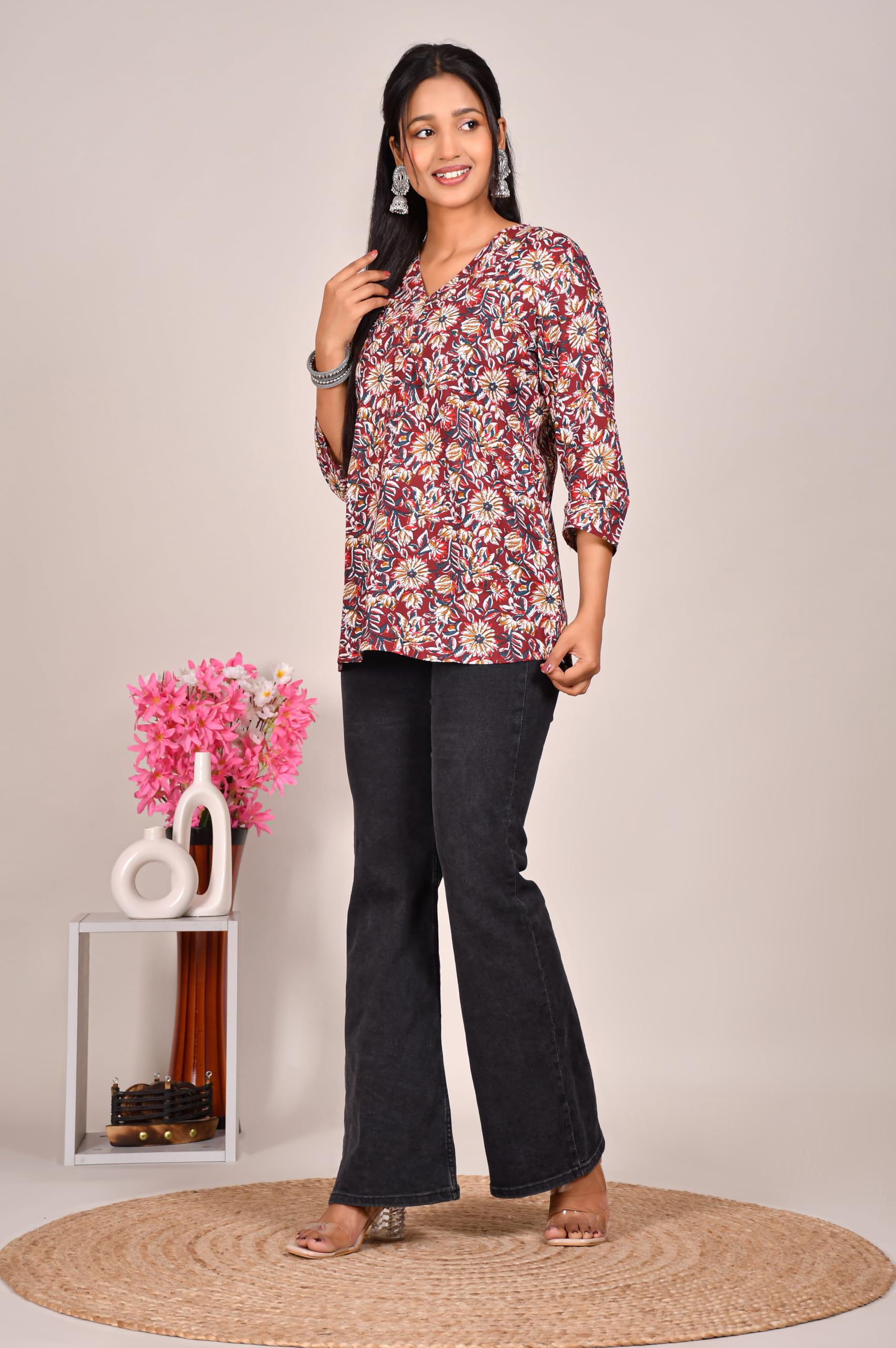 VEILA Short Kurti for Women | Cotton Floral Print Peplum Tunic Top with V-Neck, 3/4 Sleeves & 30 Inch Length | Comfortable Short Kurta for Casual & Office Wear