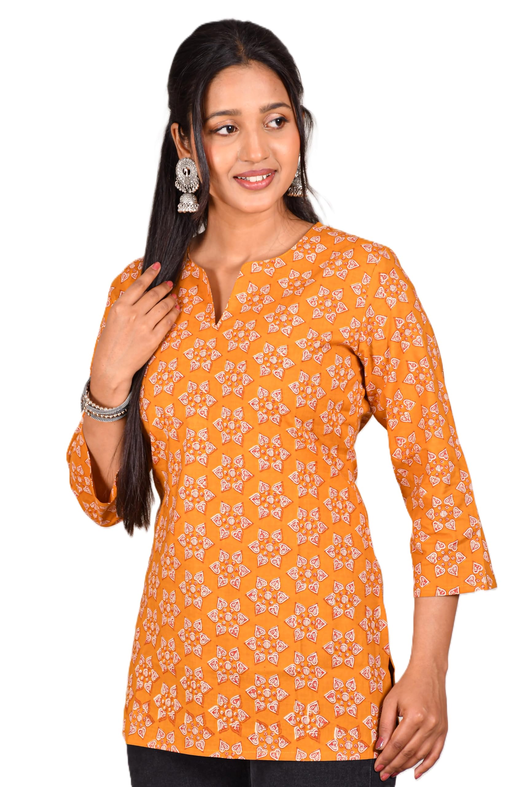 VEILA Short Kurti for Women | Cotton Floral Print Peplum Tunic Top with V-Neck, 3/4 Sleeves & 30 Inch Length | Comfortable Short Kurta for Casual & Office Wear