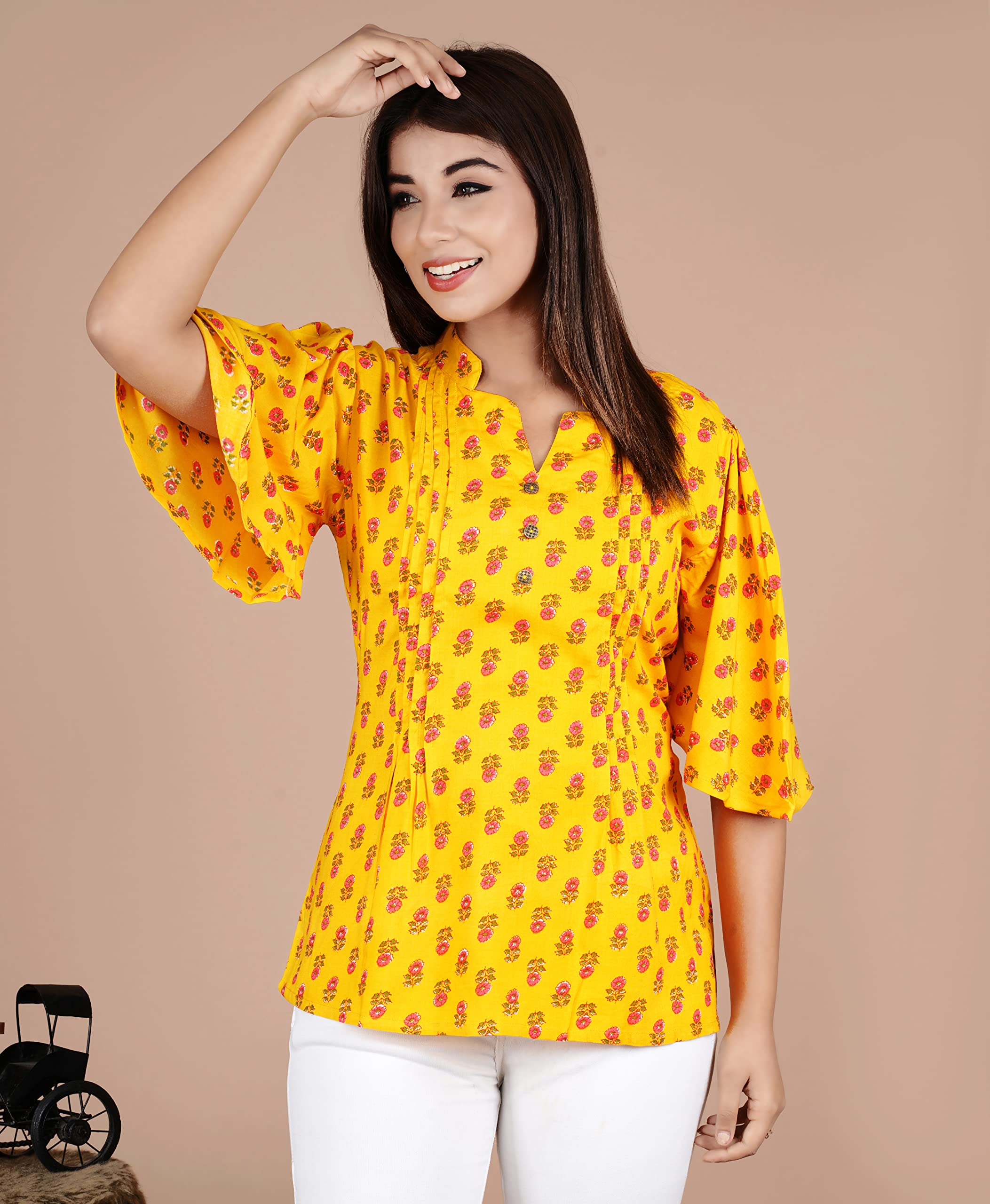 VEILA Short Kurti for Women | Cotton Floral Print Peplum Tunic Top with V-Neck, 3/4 Sleeves & 30 Inch Length | Comfortable Short Kurta for Casual & Office Wear