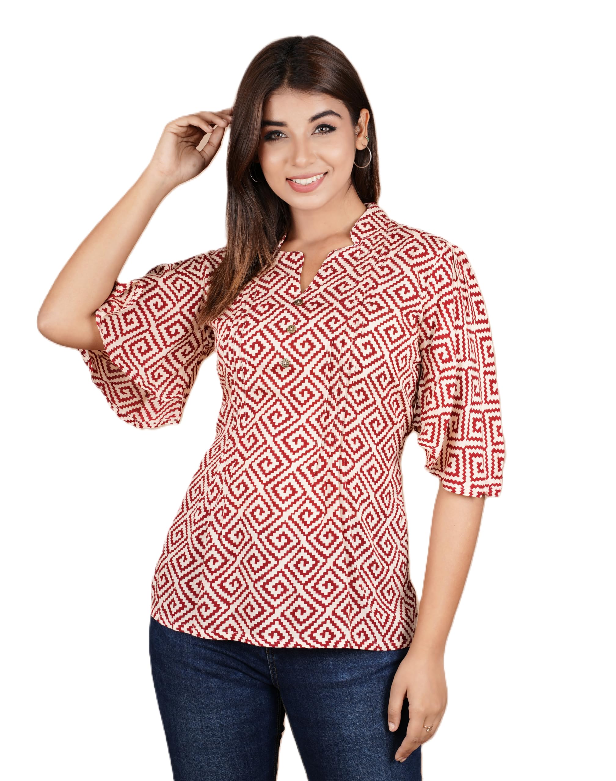 VEILA Short Kurti for Women | Cotton Floral Print Peplum Tunic Top with V-Neck, 3/4 Sleeves & 30 Inch Length | Comfortable Short Kurta for Casual & Office Wear