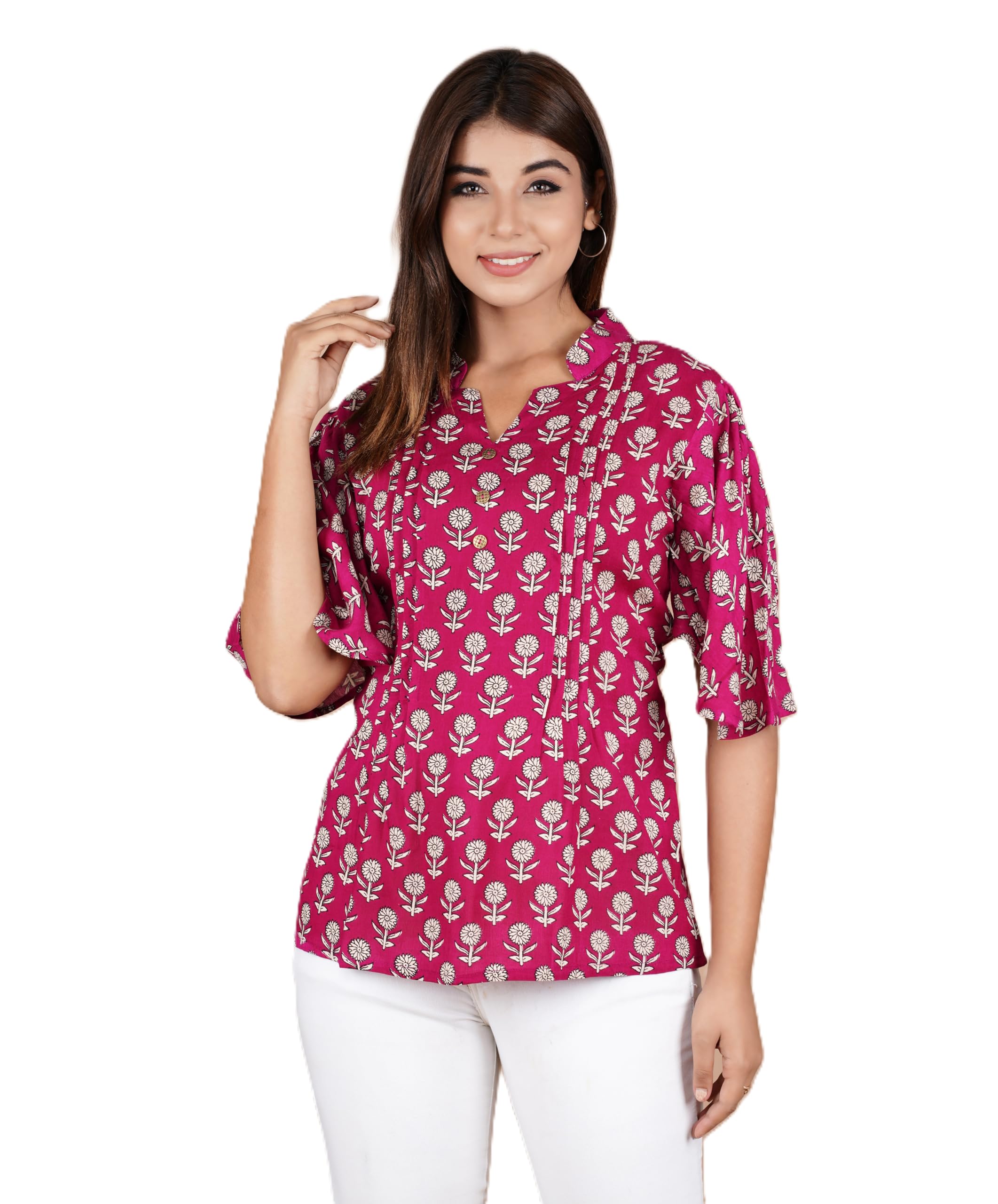 VEILA Short Kurti for Women | Cotton Floral Print Peplum Tunic Top with V-Neck, 3/4 Sleeves & 30 Inch Length | Comfortable Short Kurta for Casual & Office Wear